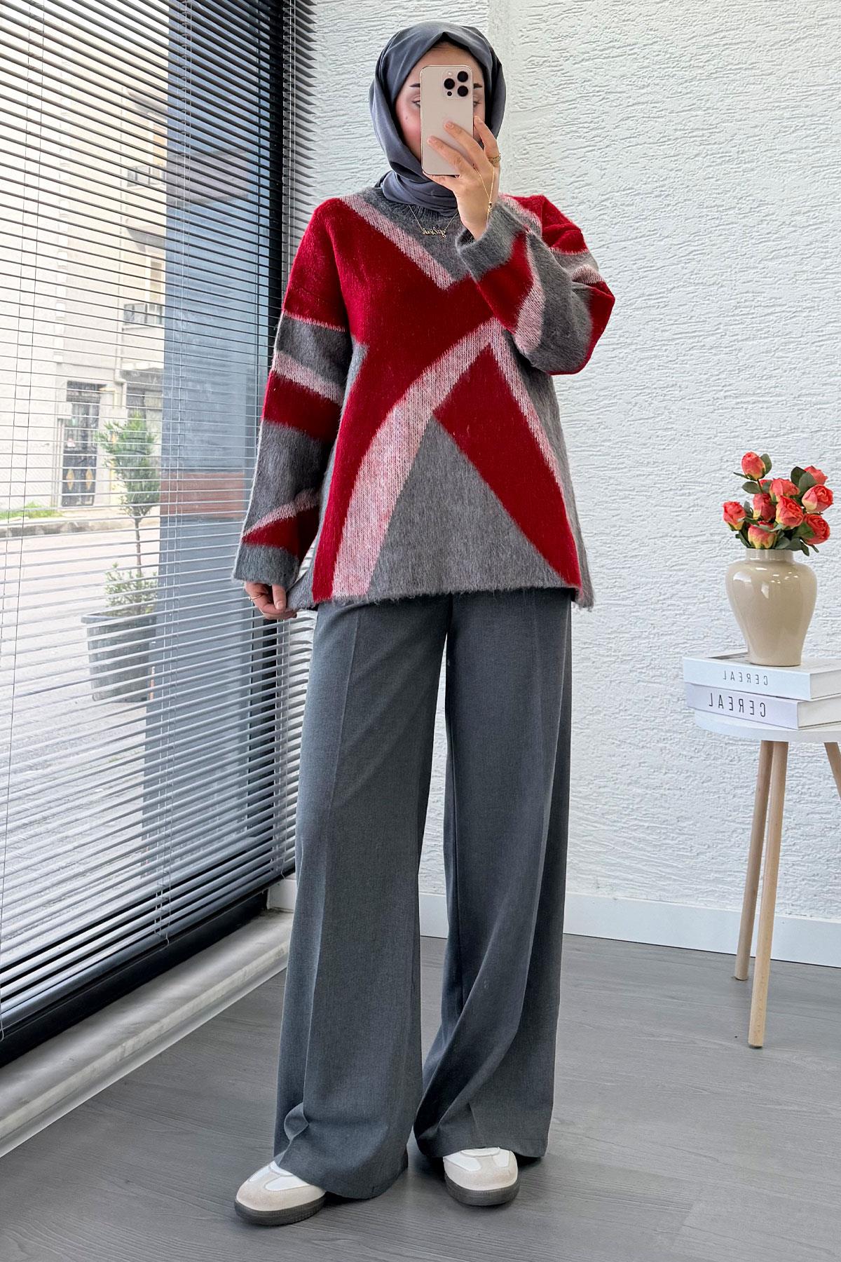 Çizgi Desen Oversize Triko Kazak – Kırmızı