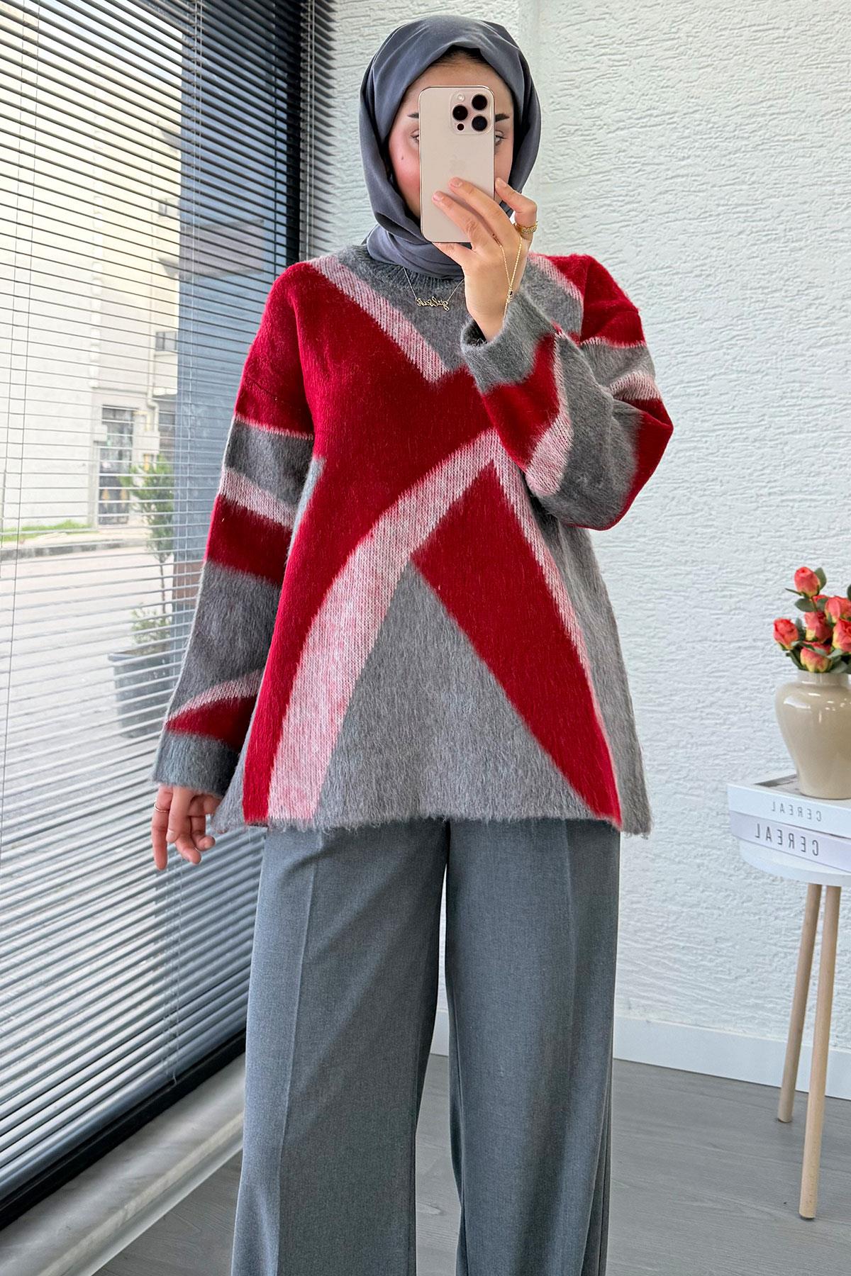 Çizgi Desen Oversize Triko Kazak – Kırmızı