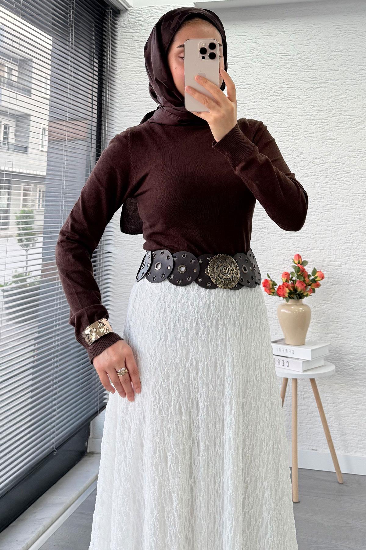 Dantel Dokulu Kloş Uzun Etek – Beyaz