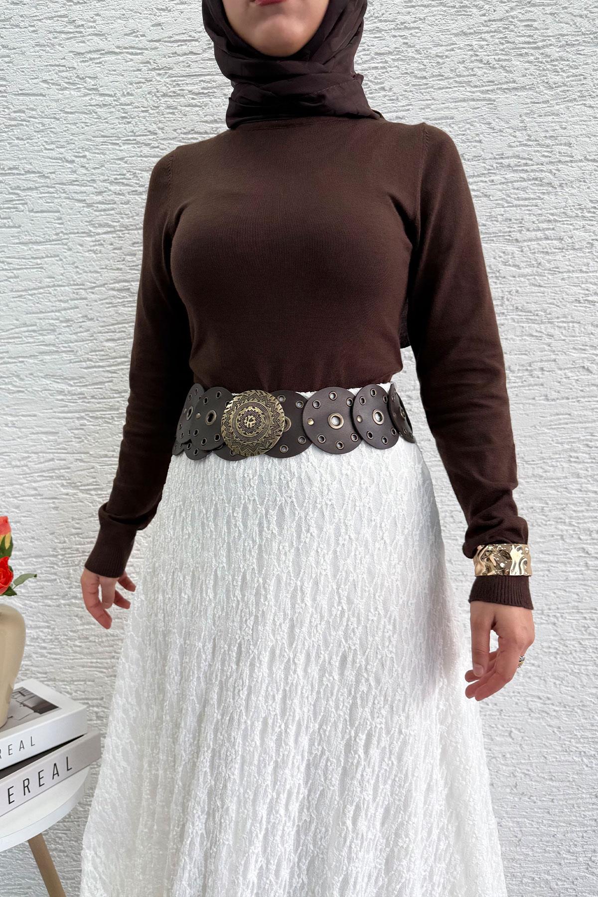 Dantel Dokulu Kloş Uzun Etek – Beyaz