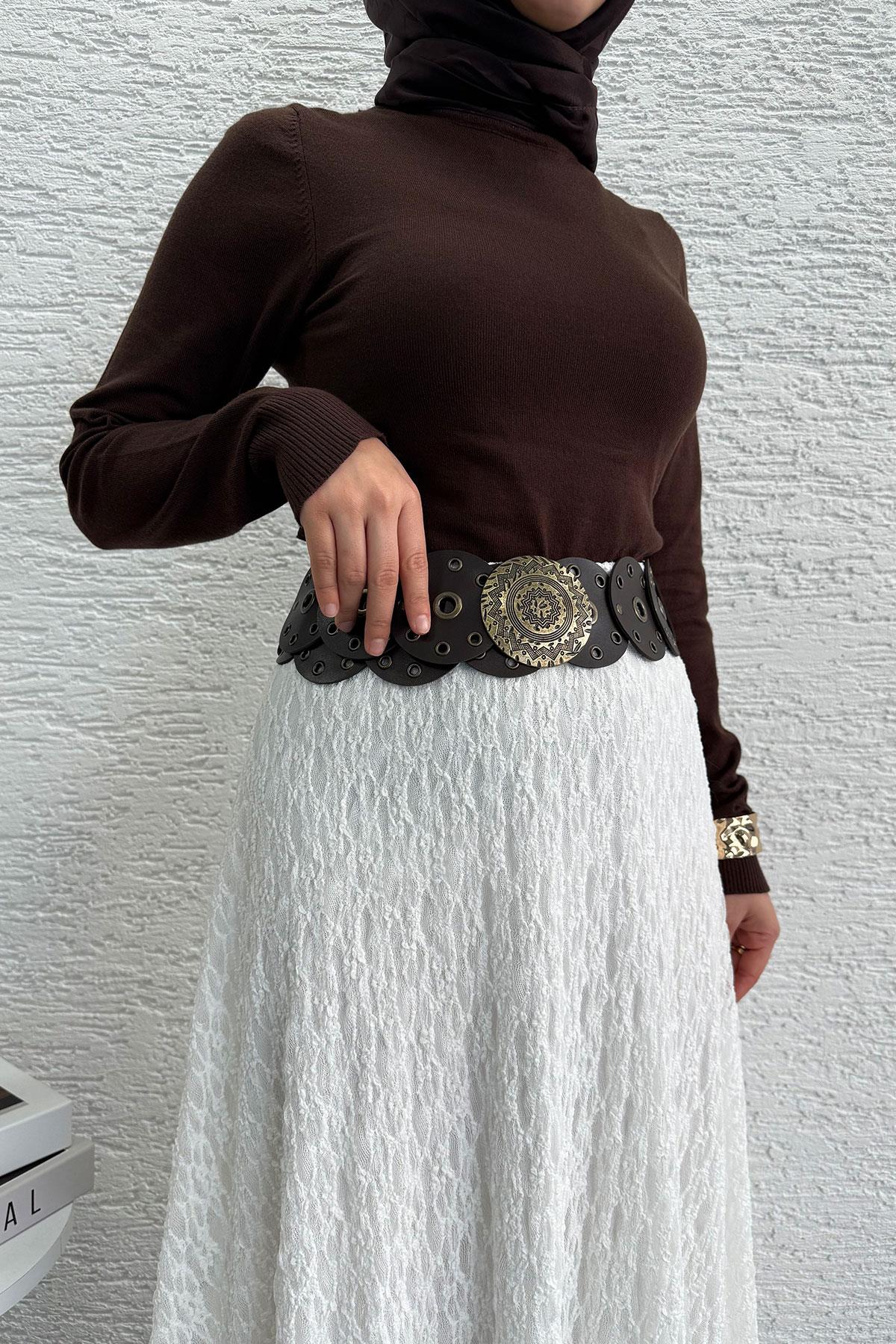 Dantel Dokulu Kloş Uzun Etek – Beyaz