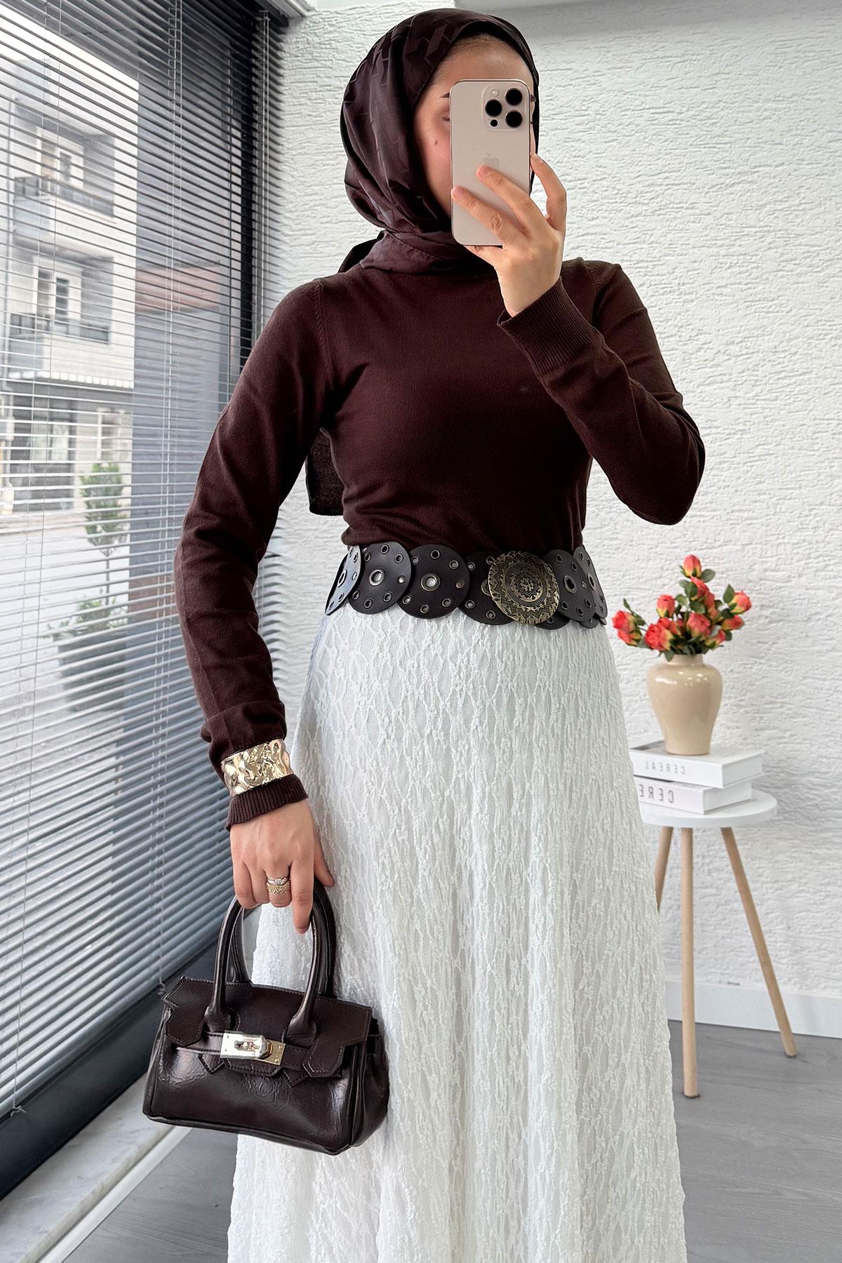 Dantel Dokulu Kloş Uzun Etek – Beyaz