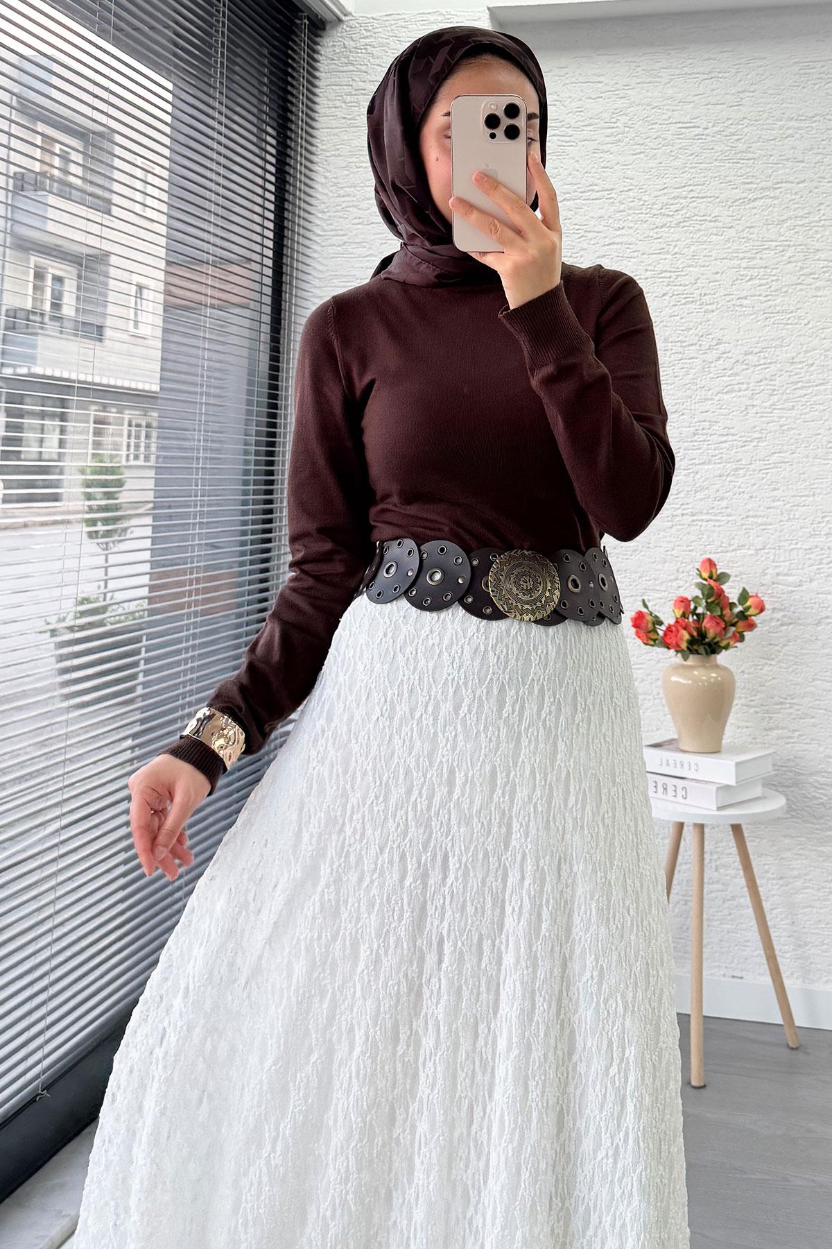 Dantel Dokulu Kloş Uzun Etek – Beyaz