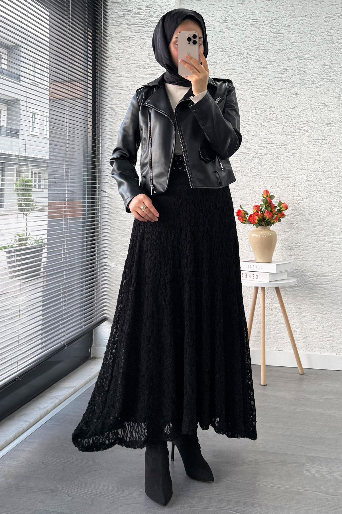 Dantel Dokulu Kloş Uzun Etek – Siyah