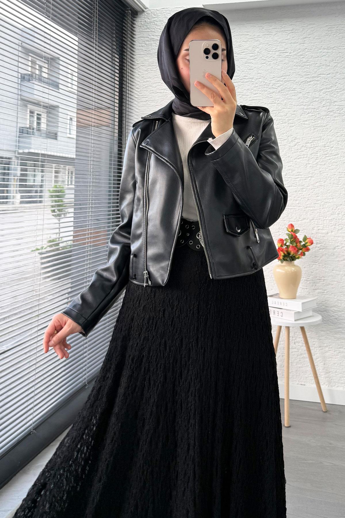 Dantel Dokulu Kloş Uzun Etek – Siyah