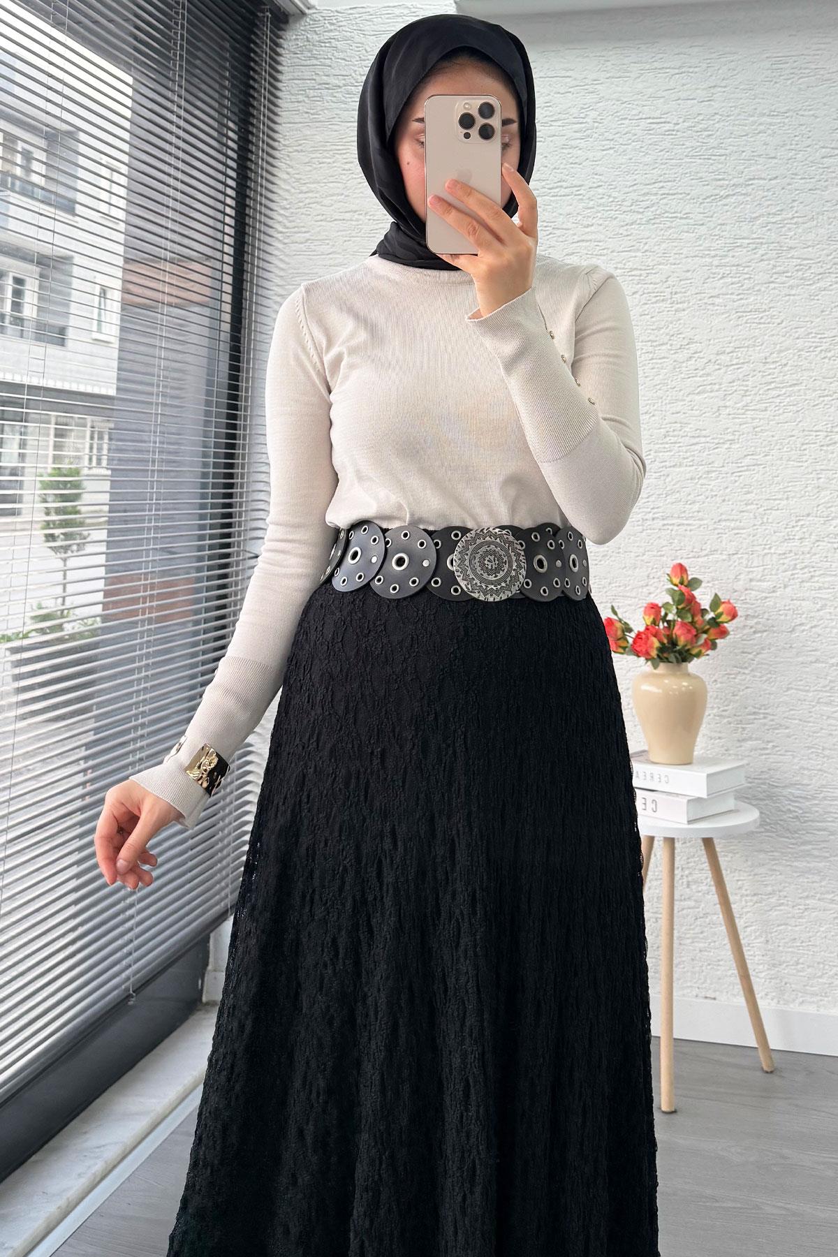 Dantel Dokulu Kloş Uzun Etek – Siyah