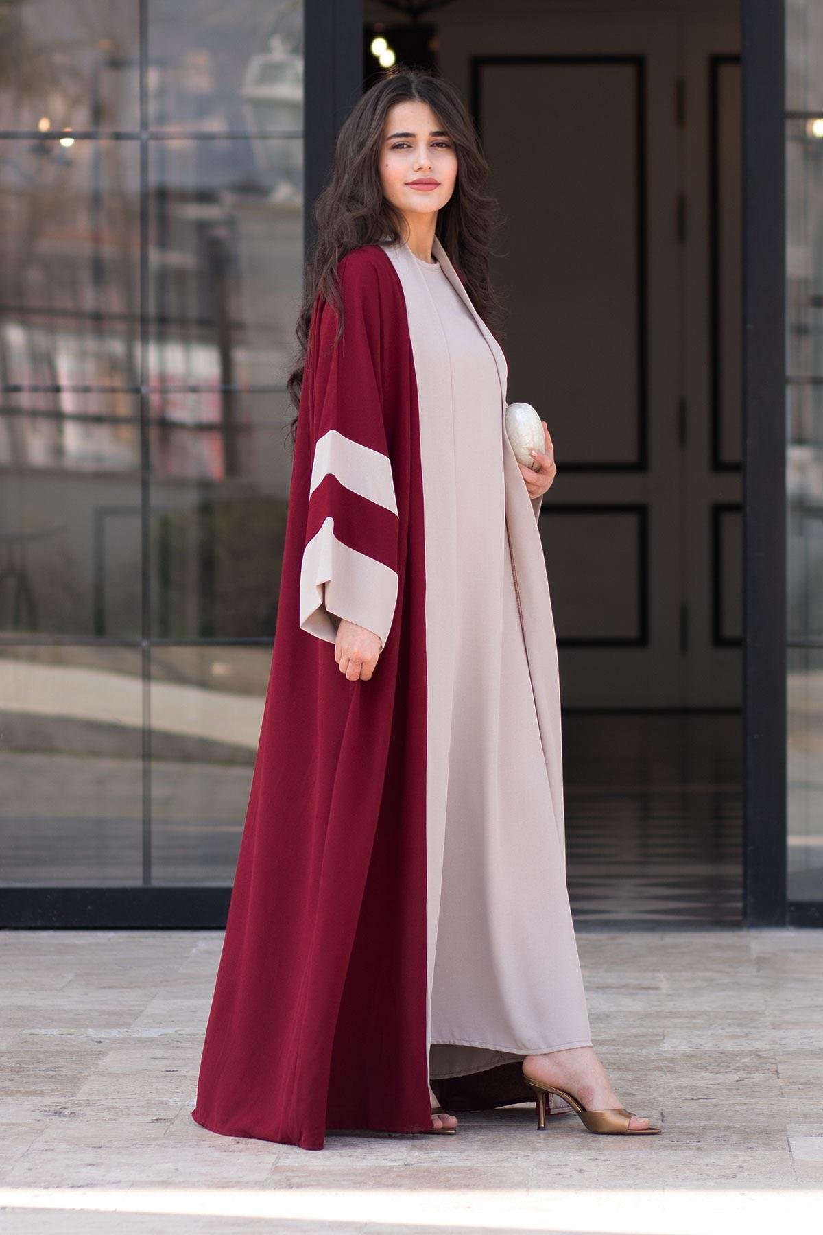 Dubai Abaya Takım - Bordo & Taş
