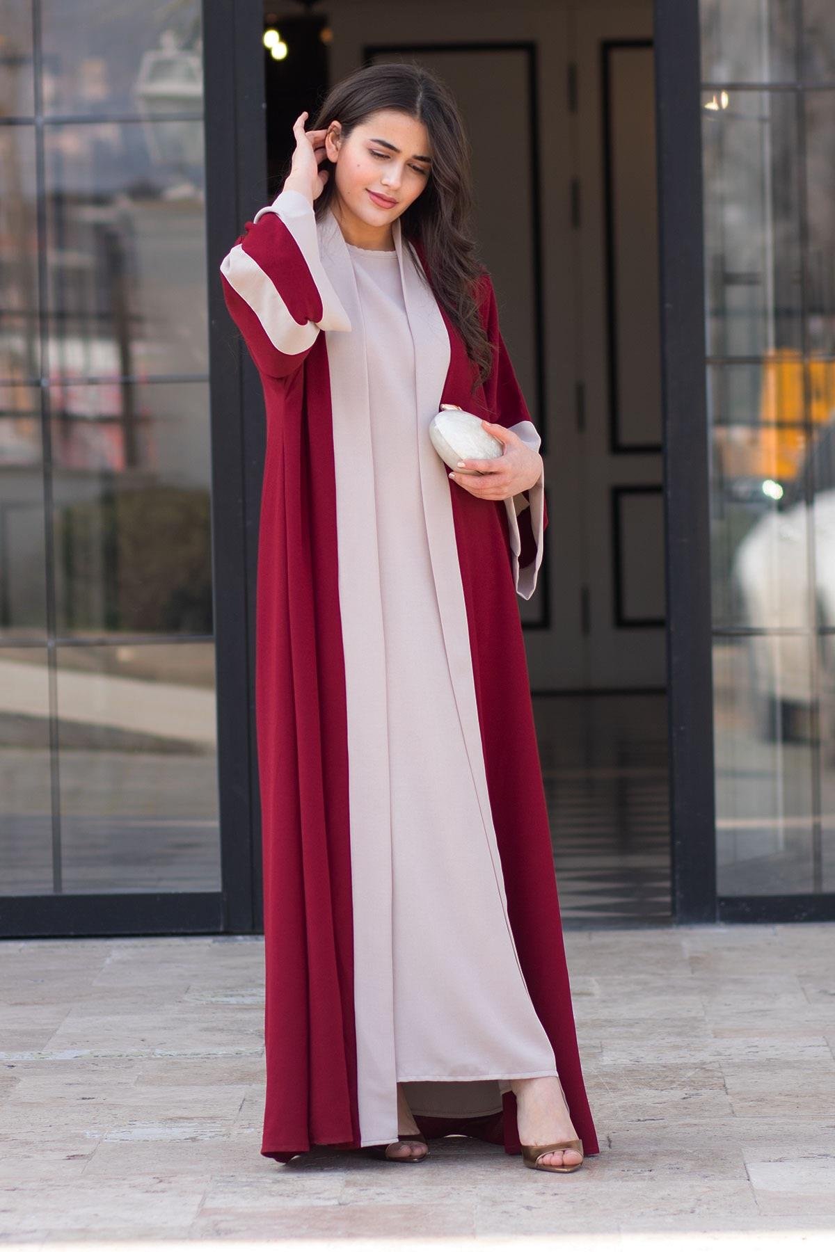 Dubai Abaya Takım - Bordo & Taş