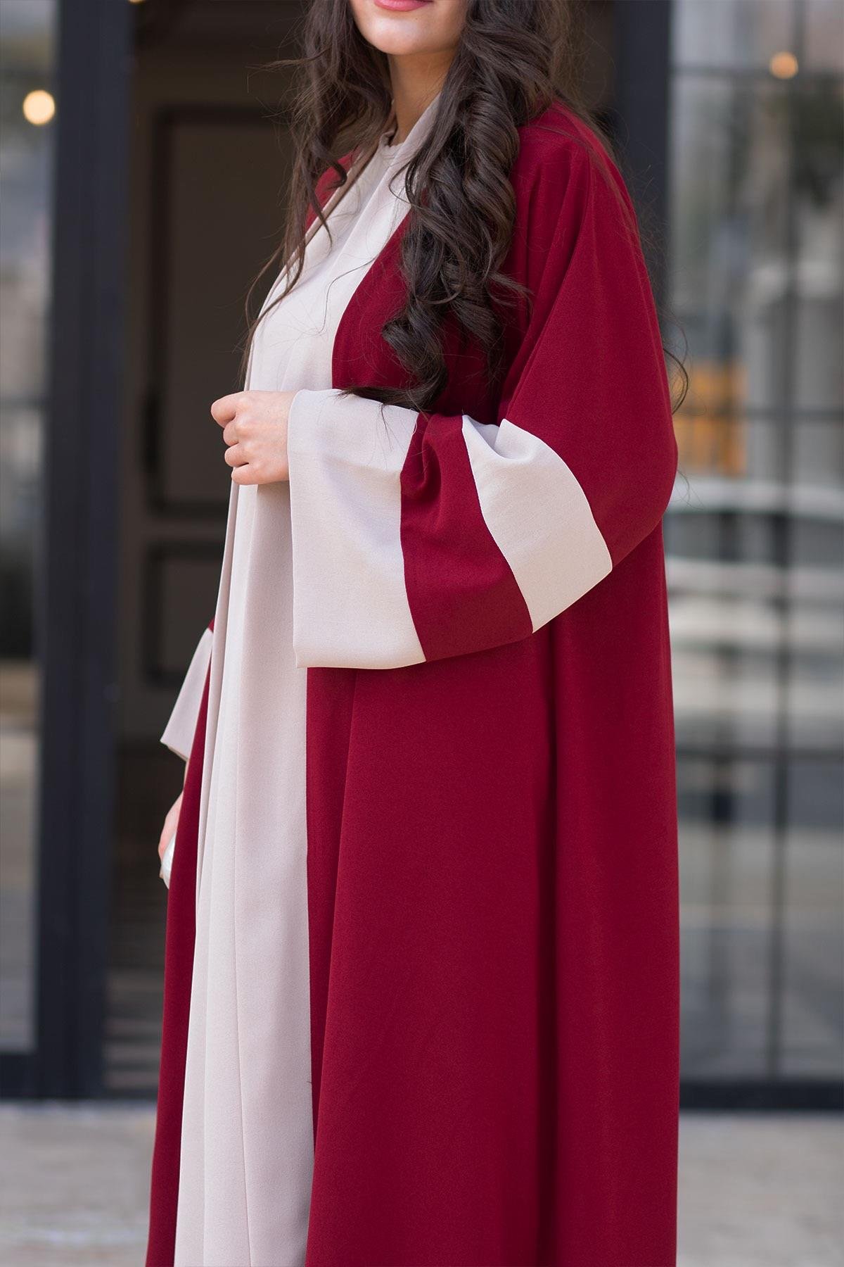 Dubai Abaya Takım - Bordo & Taş