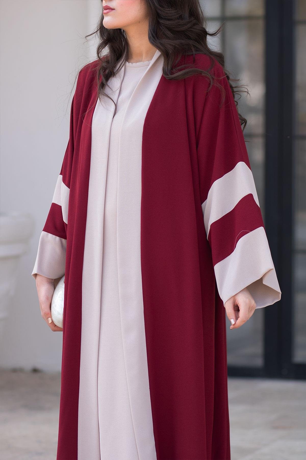 Dubai Abaya Takım - Bordo & Taş