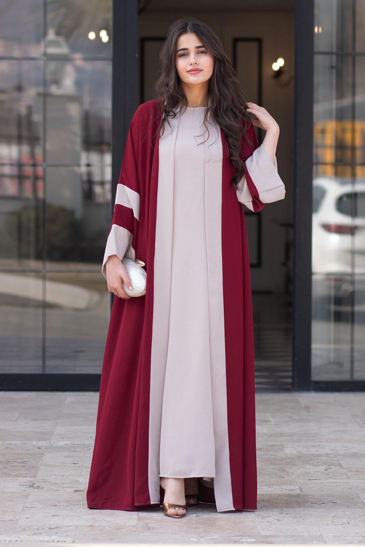 Dubai Abaya Takım - Bordo & Taş