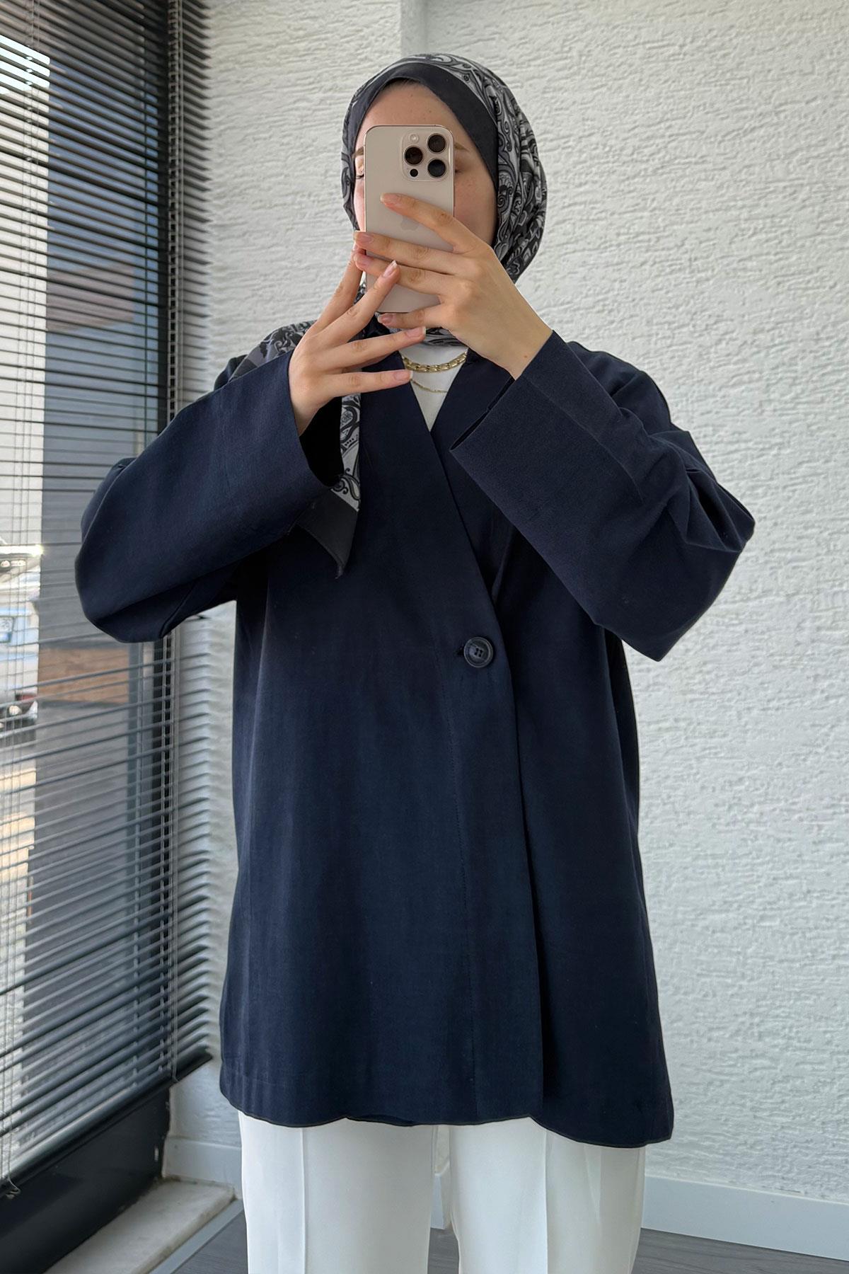 Düğme Detaylı Keten Kimono – Lacivert