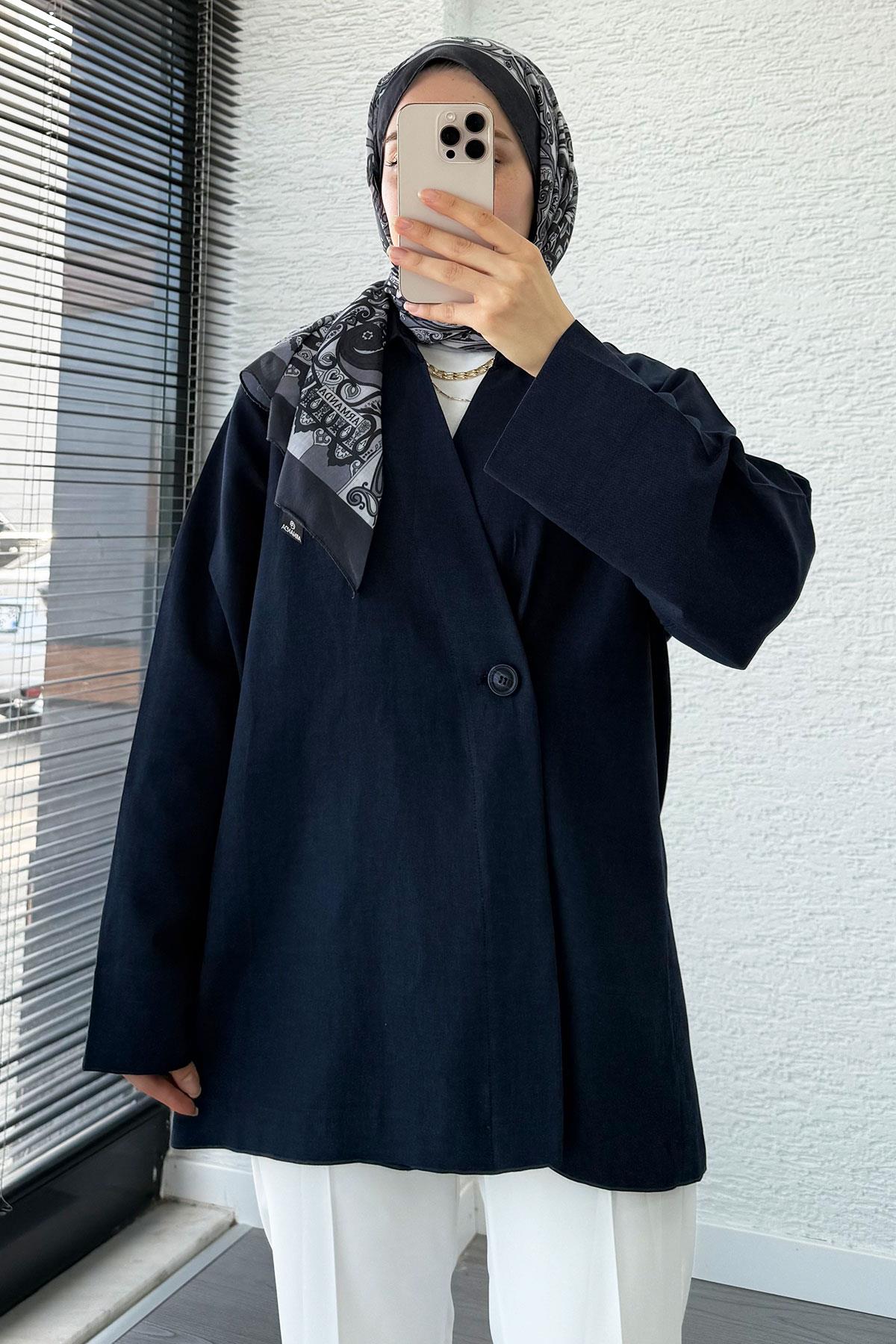 Düğme Detaylı Keten Kimono – Lacivert