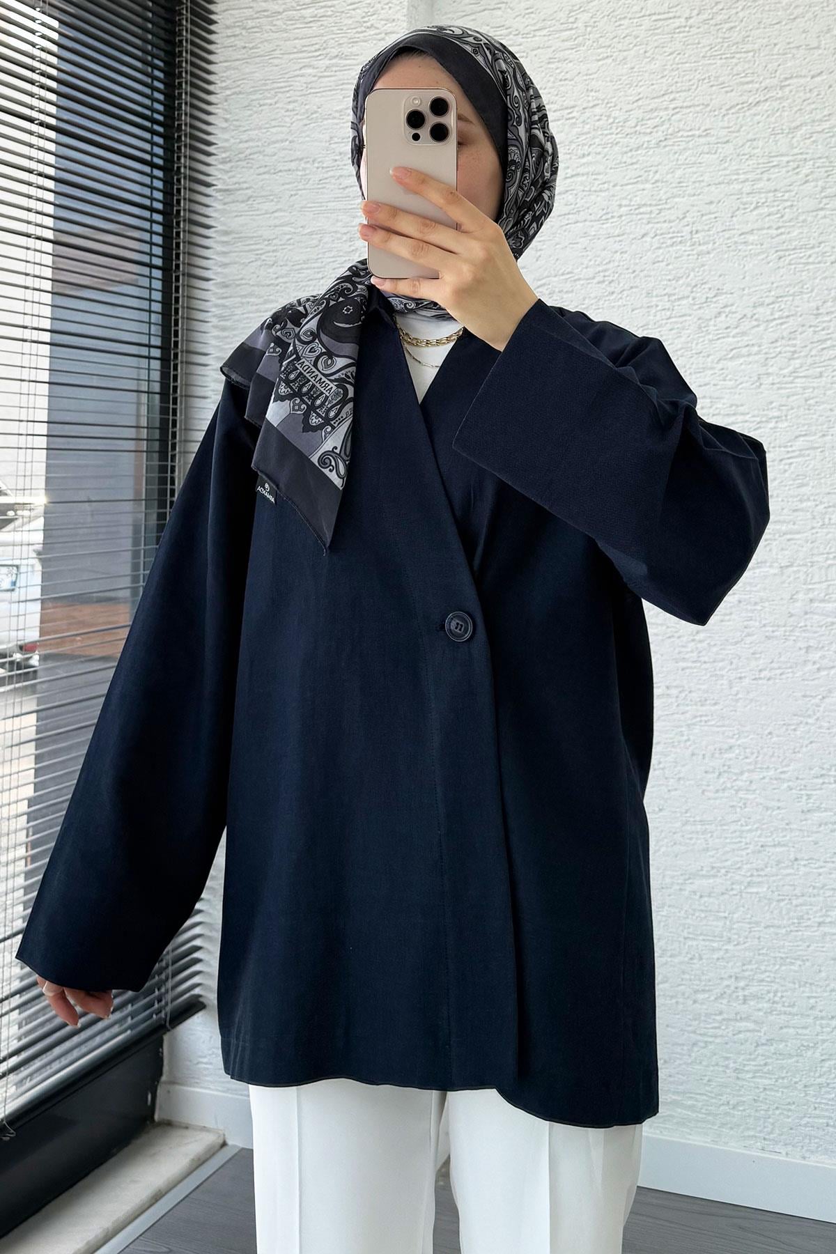 Düğme Detaylı Keten Kimono – Lacivert
