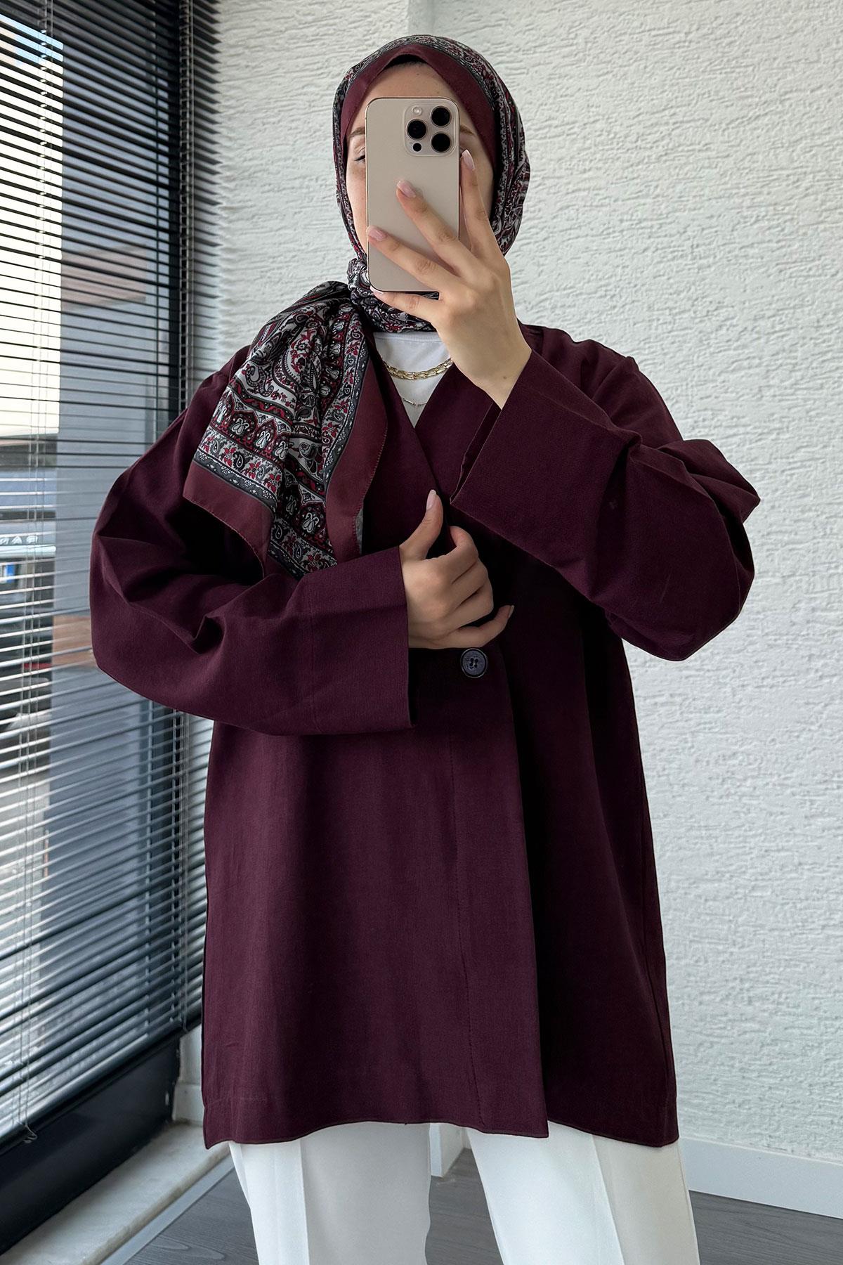Düğme Detaylı Keten Kimono – Mürdüm