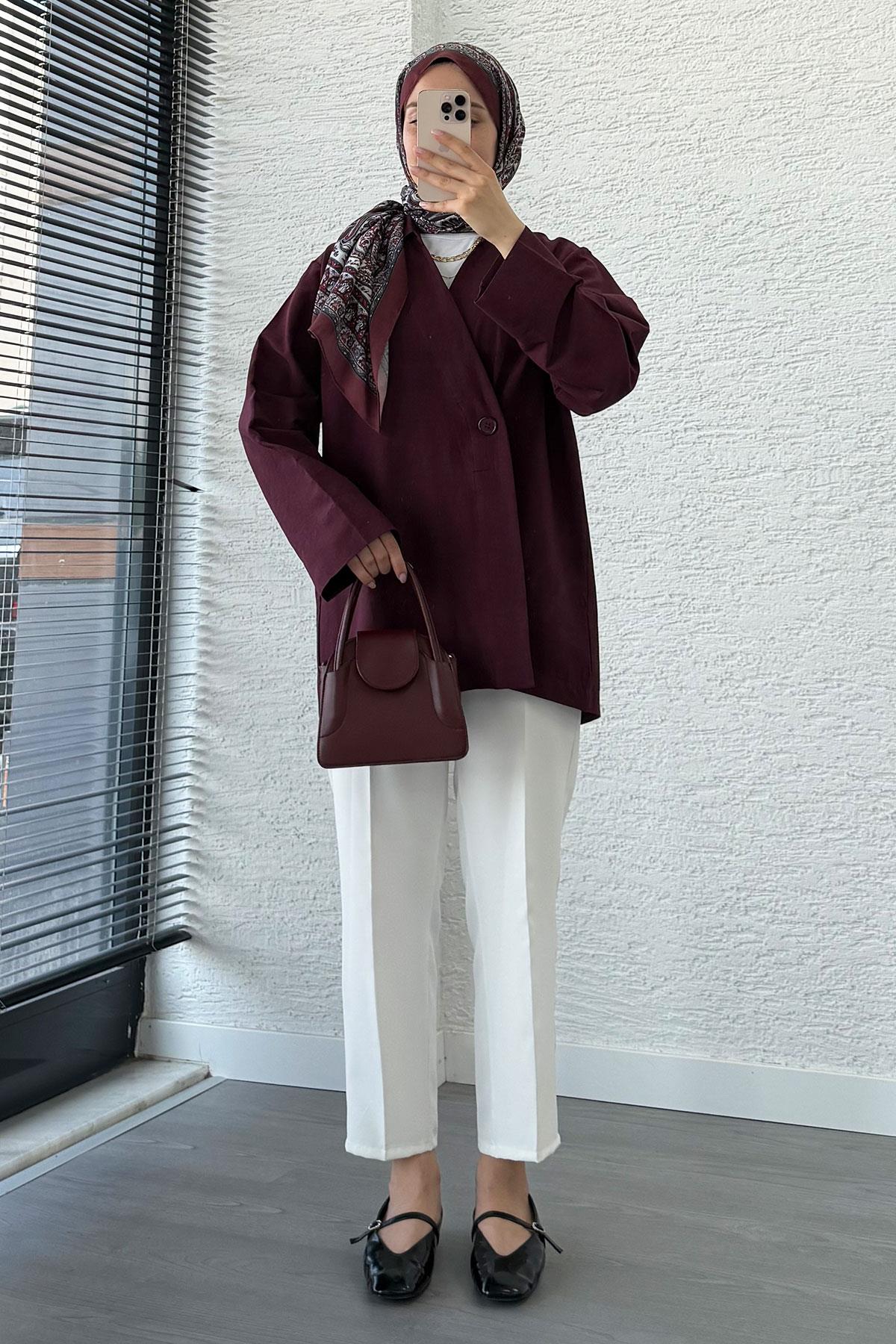 Düğme Detaylı Keten Kimono – Mürdüm