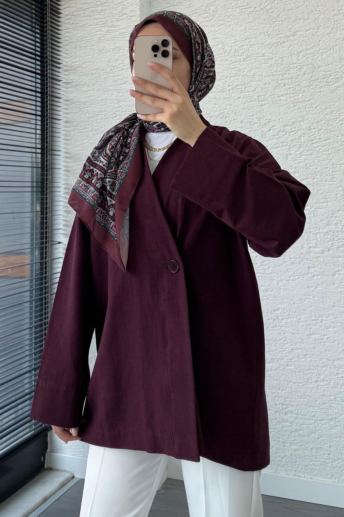 Düğme Detaylı Keten Kimono – Mürdüm