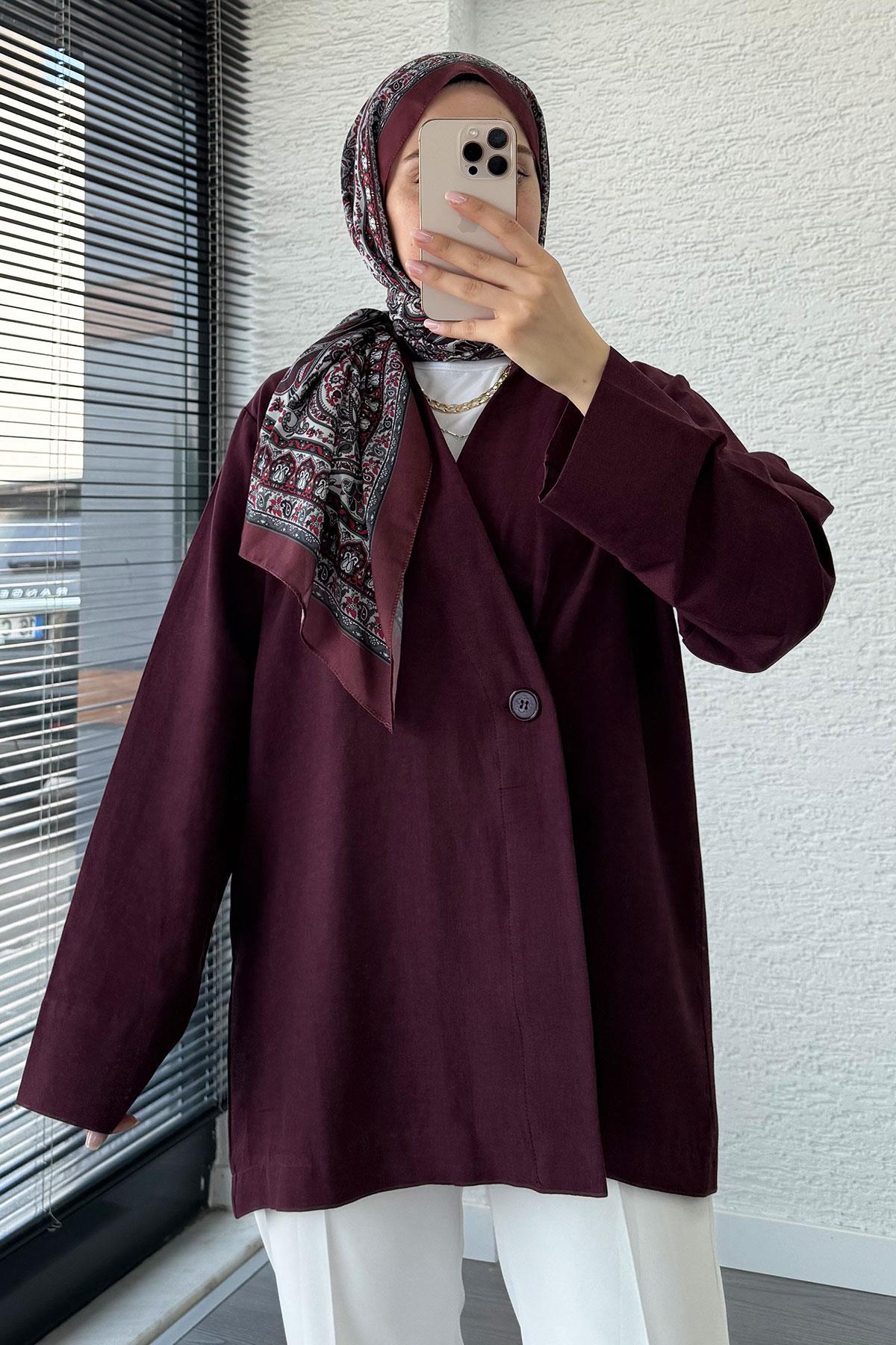 Düğme Detaylı Keten Kimono – Mürdüm