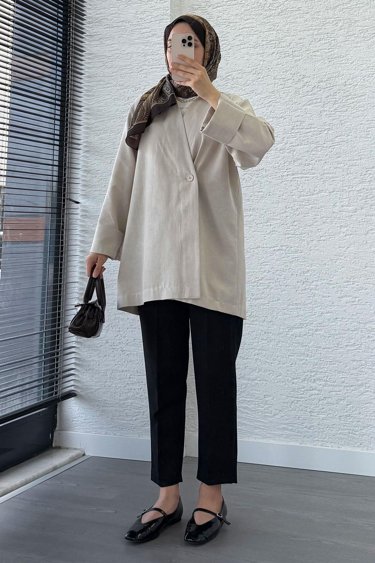 Düğme Detaylı Keten Kimono – Taş