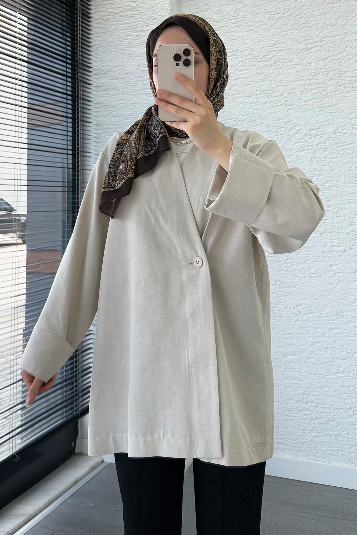 Düğme Detaylı Keten Kimono – Taş