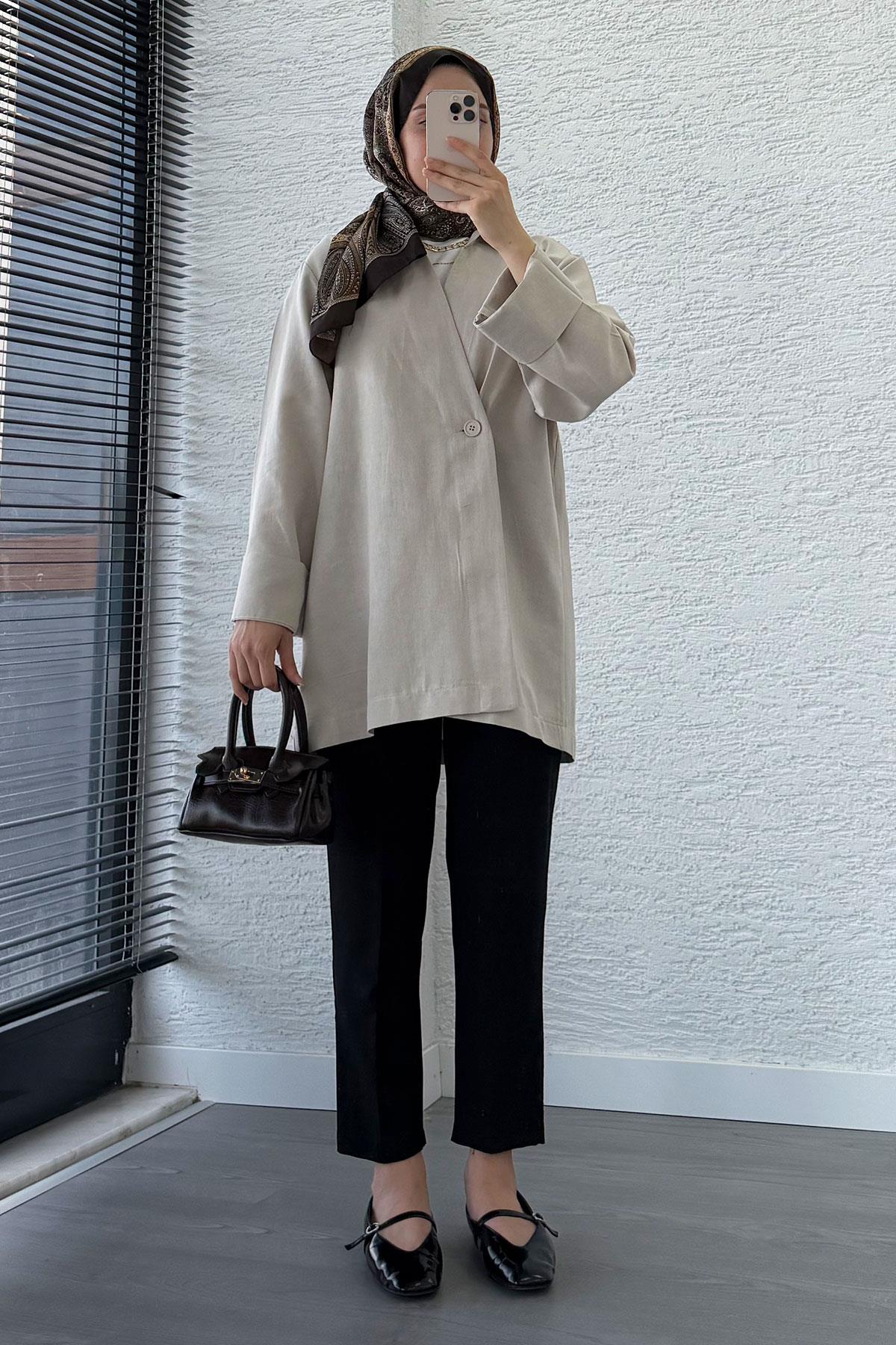Düğme Detaylı Keten Kimono – Taş