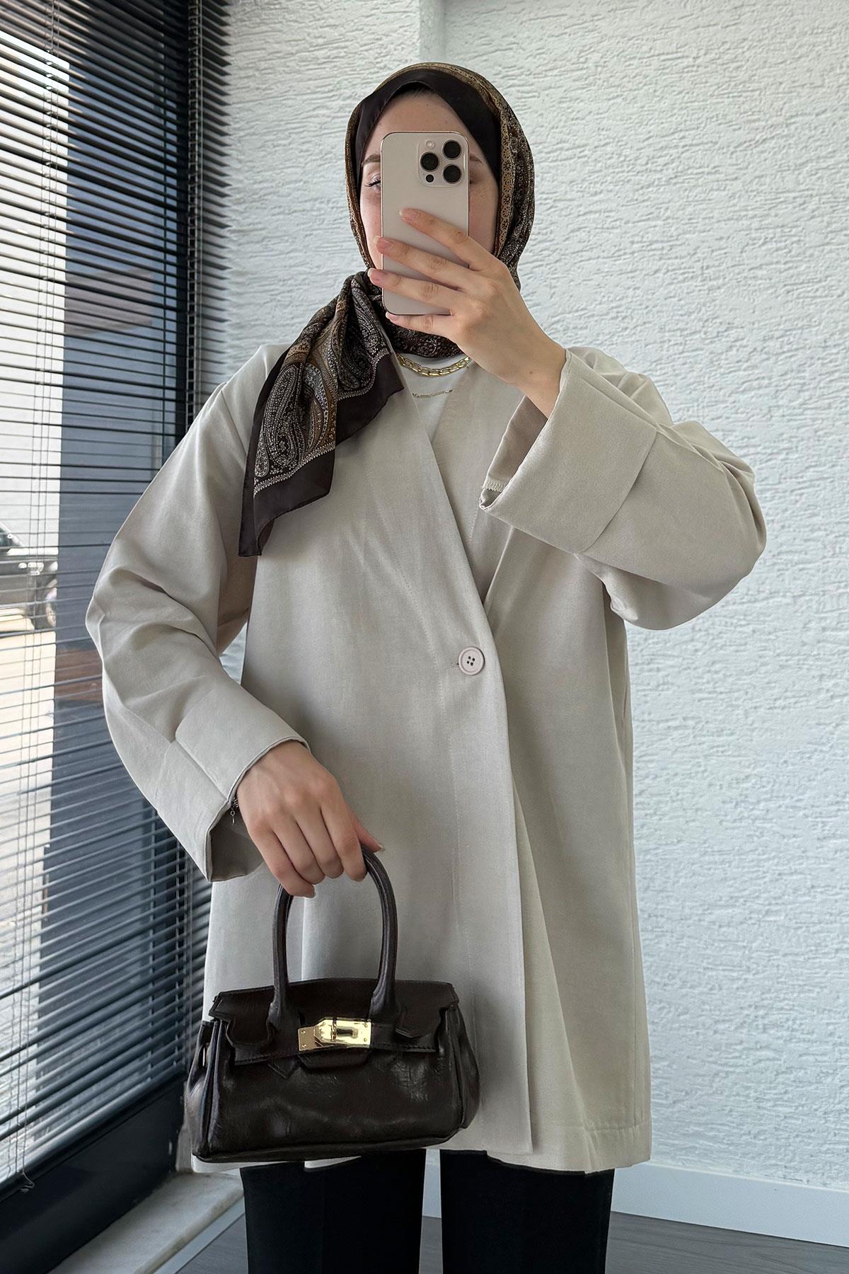 Düğme Detaylı Keten Kimono – Taş
