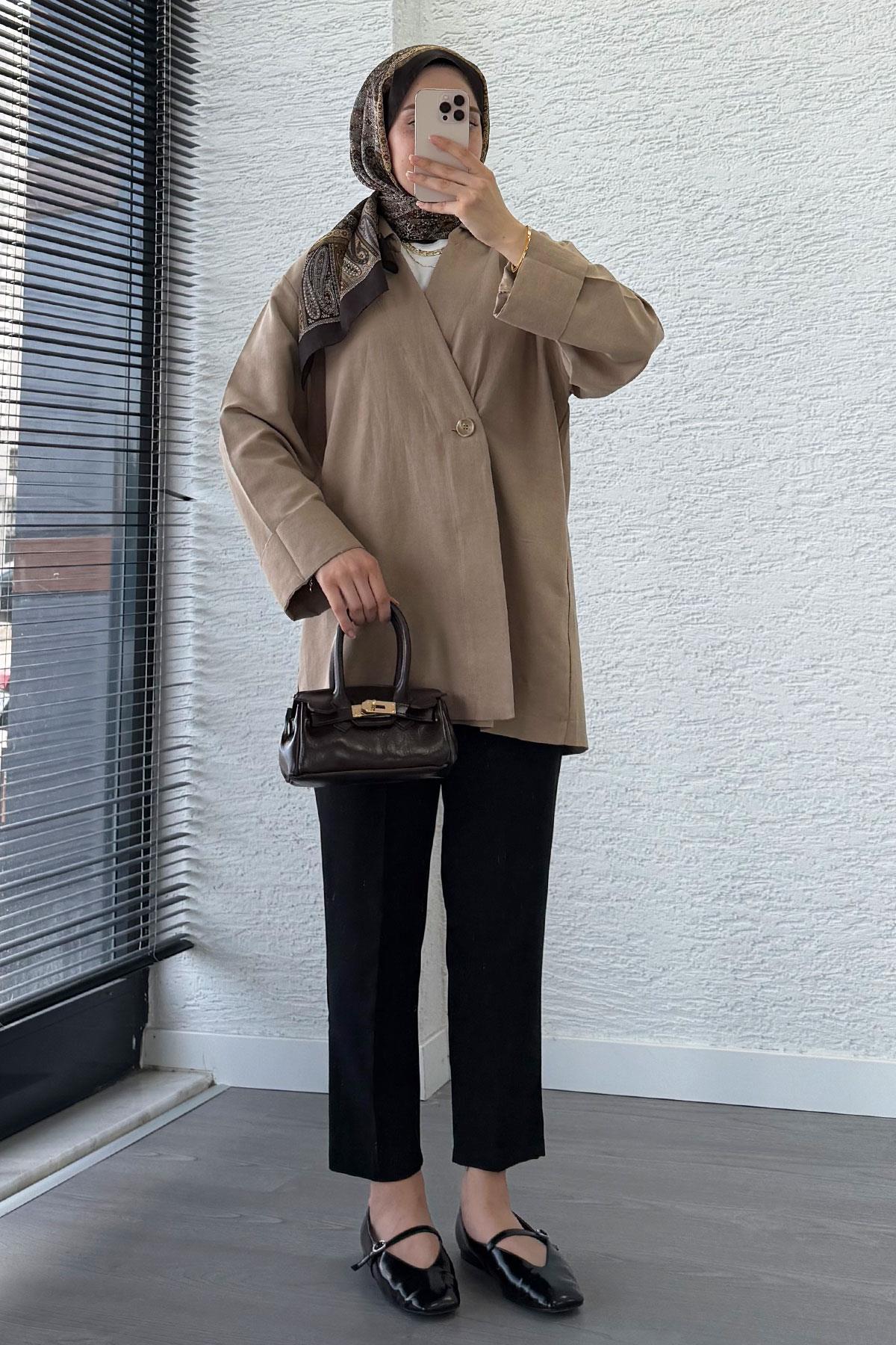 Düğme Detaylı Keten Kimono – Vİzon