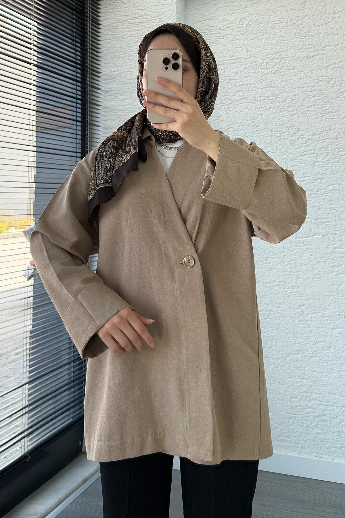 Düğme Detaylı Keten Kimono – Vİzon