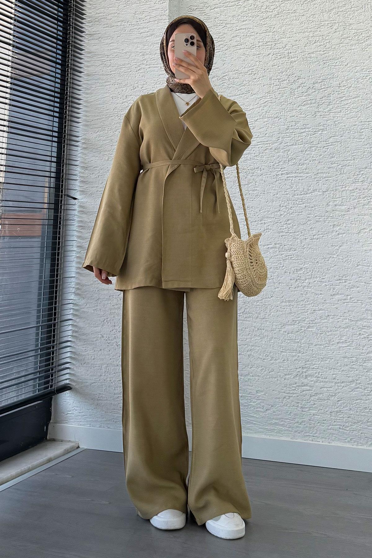 Efil Bağlamalı Kimono Takım – Yağ Yeşili