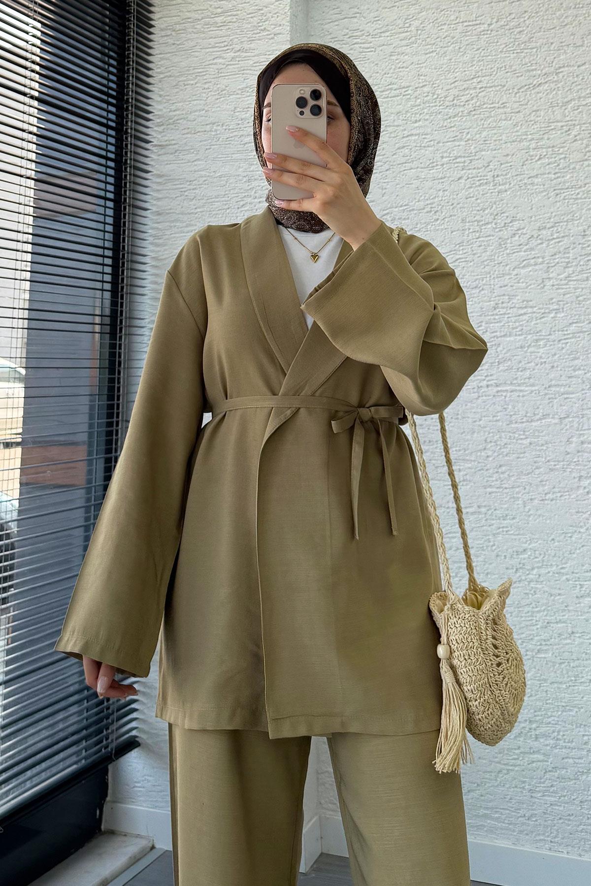 Efil Bağlamalı Kimono Takım – Yağ Yeşili