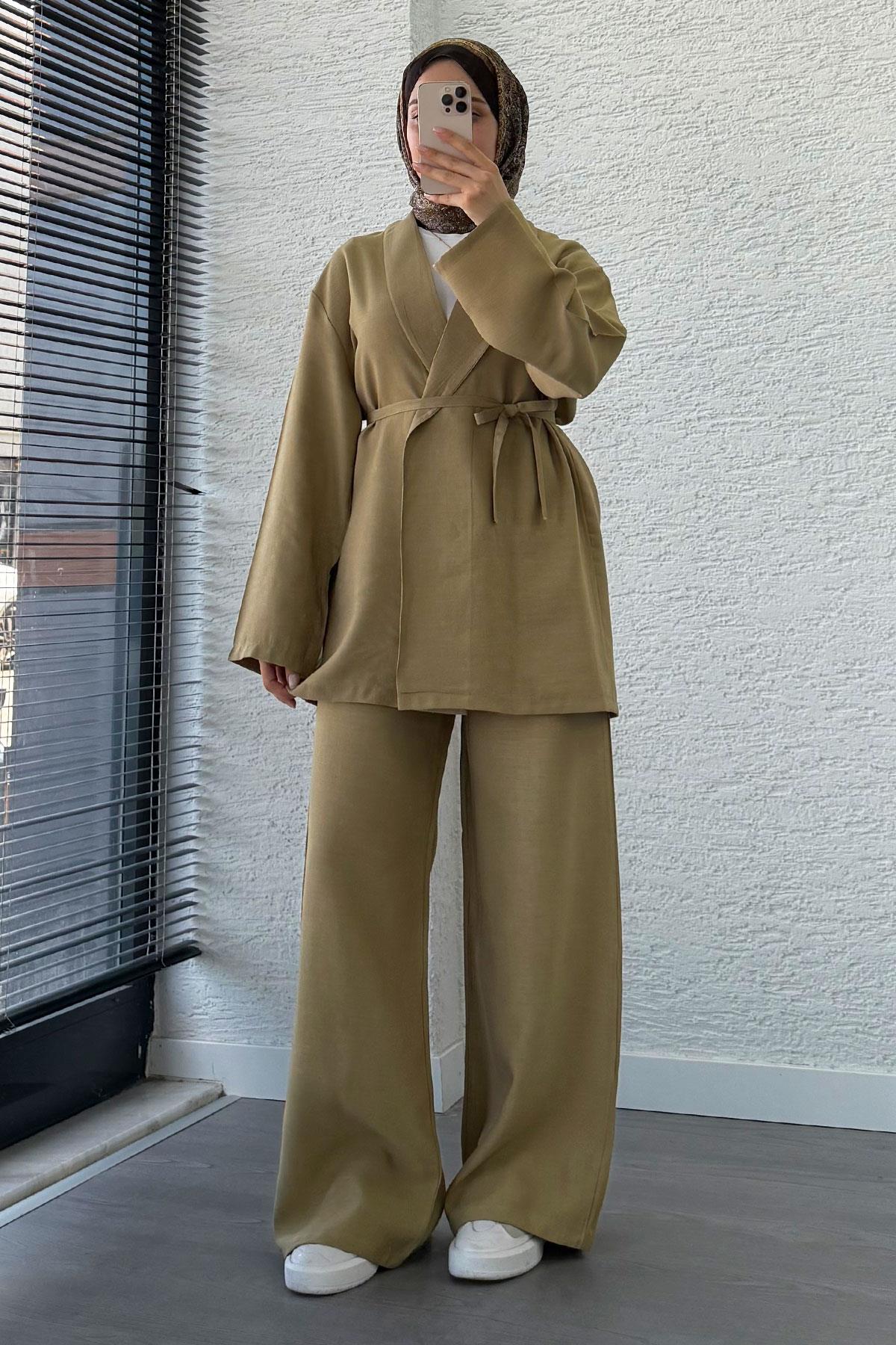 Efil Bağlamalı Kimono Takım – Yağ Yeşili