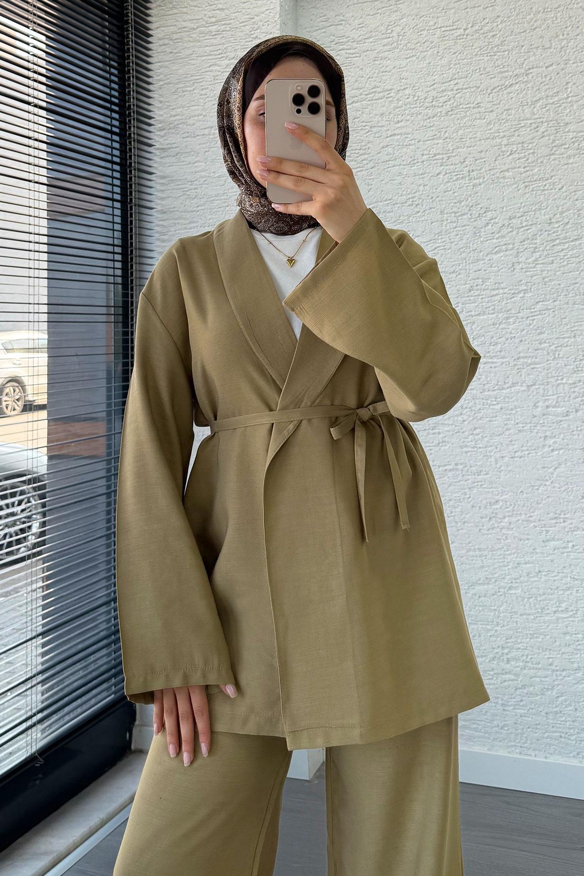 Efil Bağlamalı Kimono Takım – Yağ Yeşili