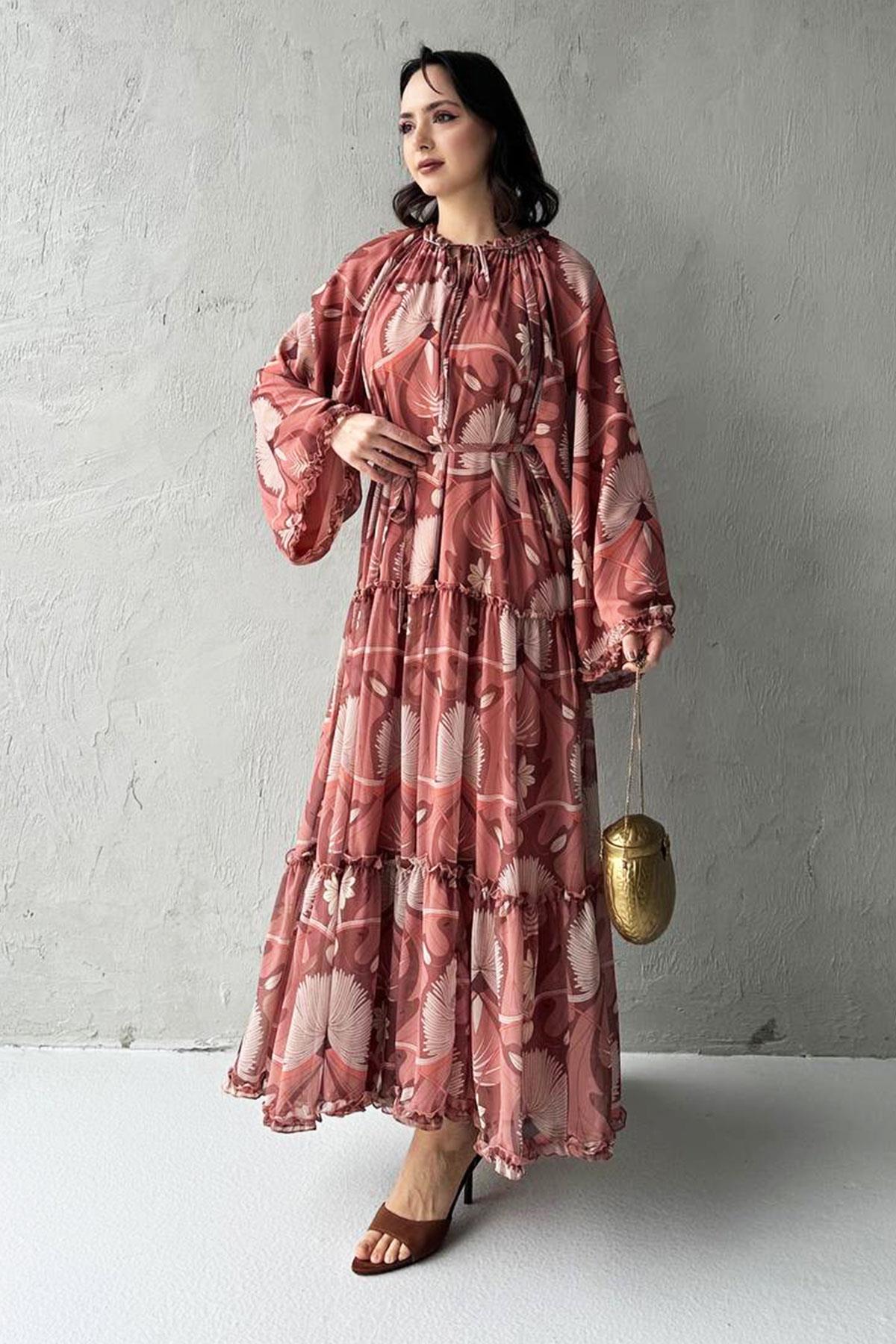 Efsa Çiçek Desenli Şifon Elbise-Bej