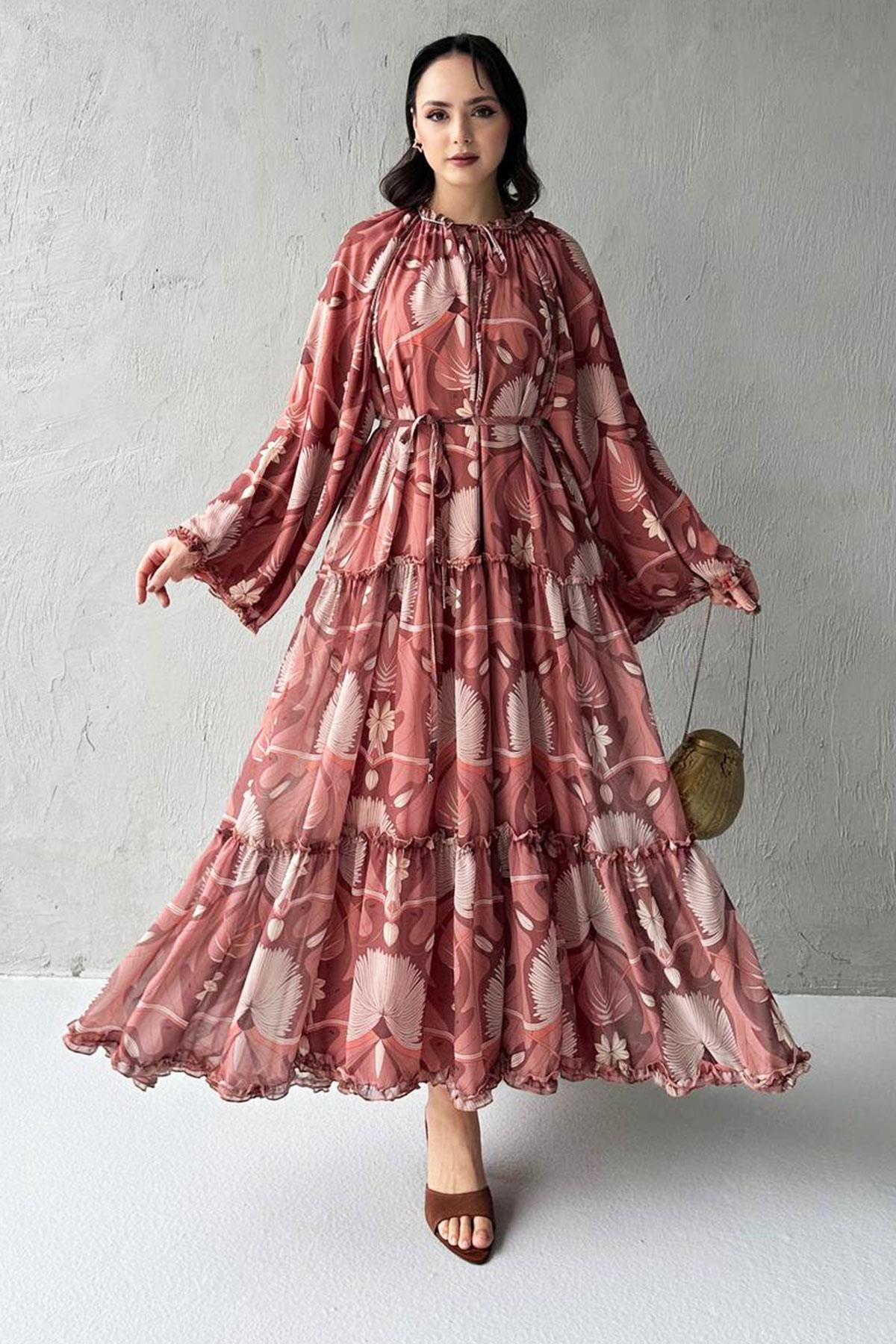 Efsa Çiçek Desenli Şifon Elbise-Bej