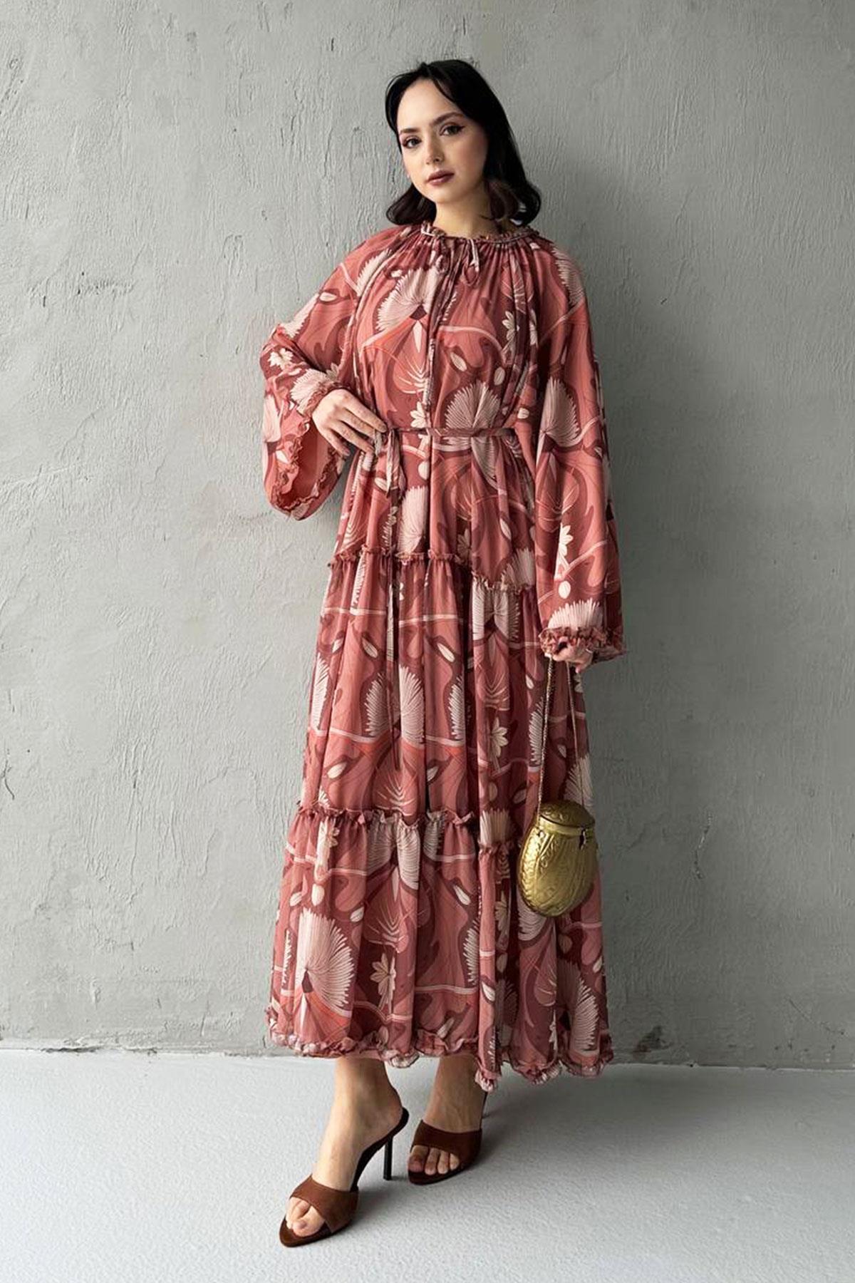 Efsa Çiçek Desenli Şifon Elbise-Bej