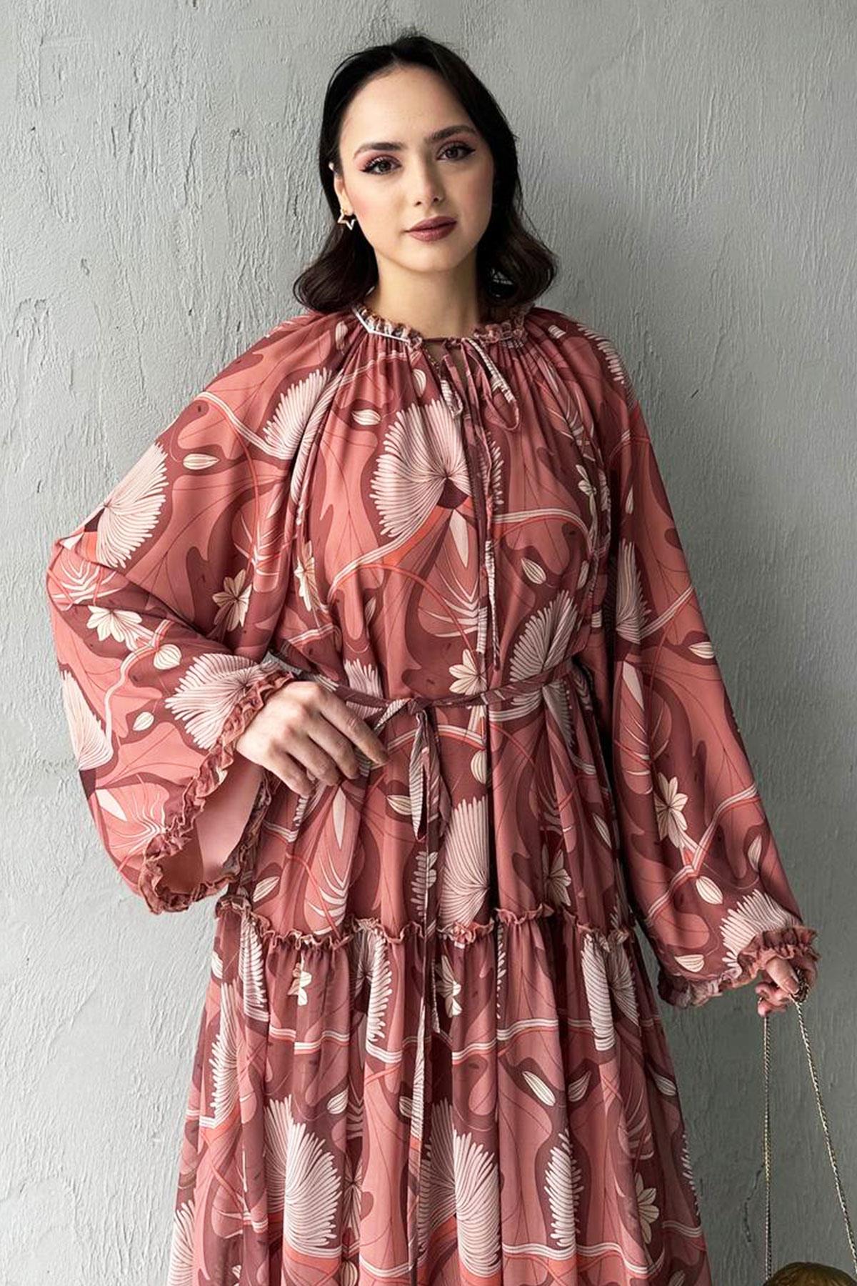 Efsa Çiçek Desenli Şifon Elbise-Bej