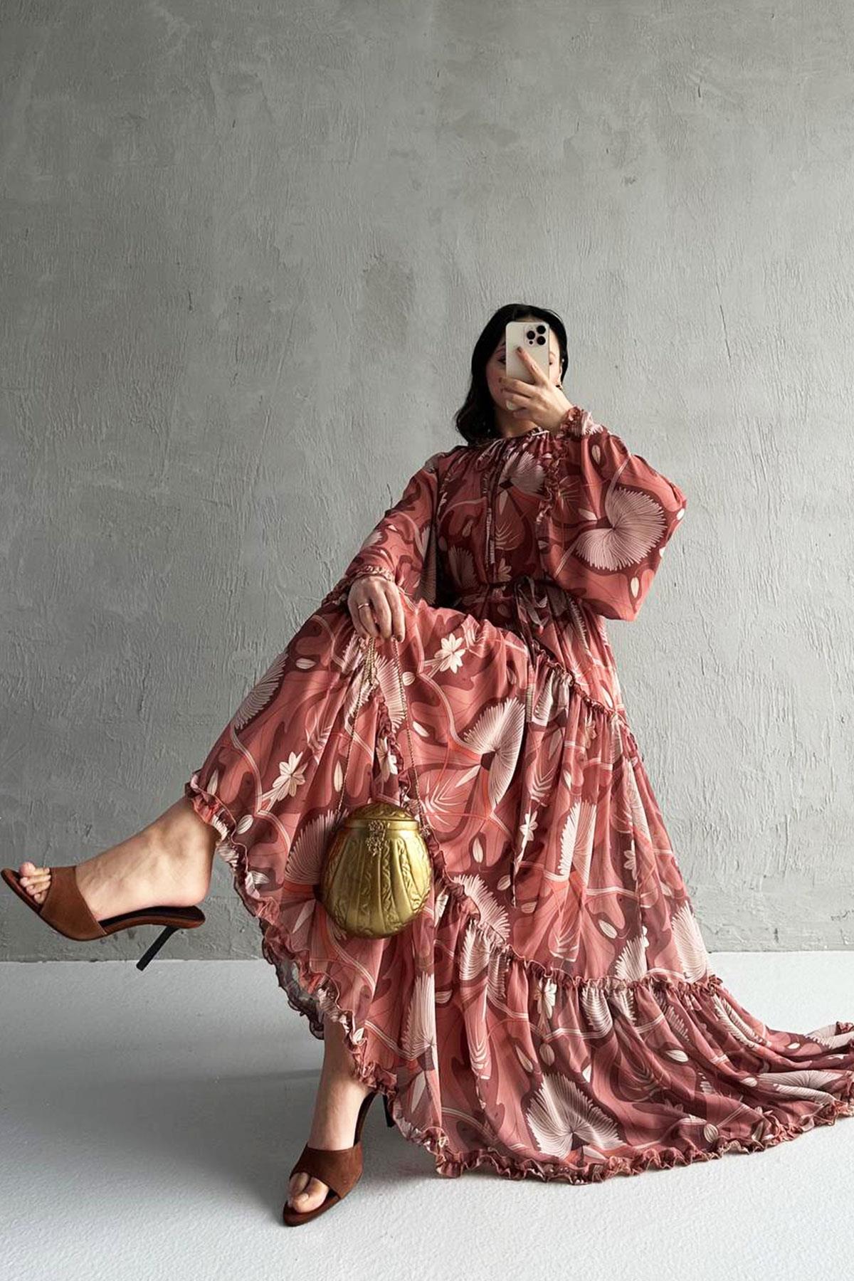 Efsa Çiçek Desenli Şifon Elbise-Bej