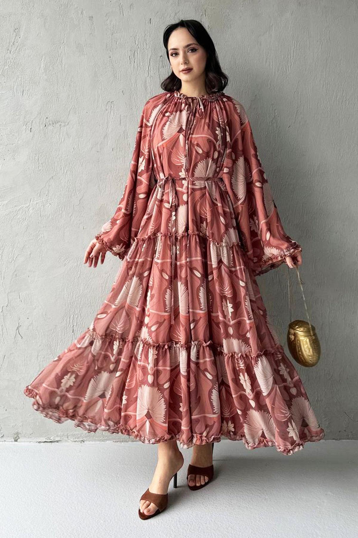 Efsa Çiçek Desenli Şifon Elbise-Bej