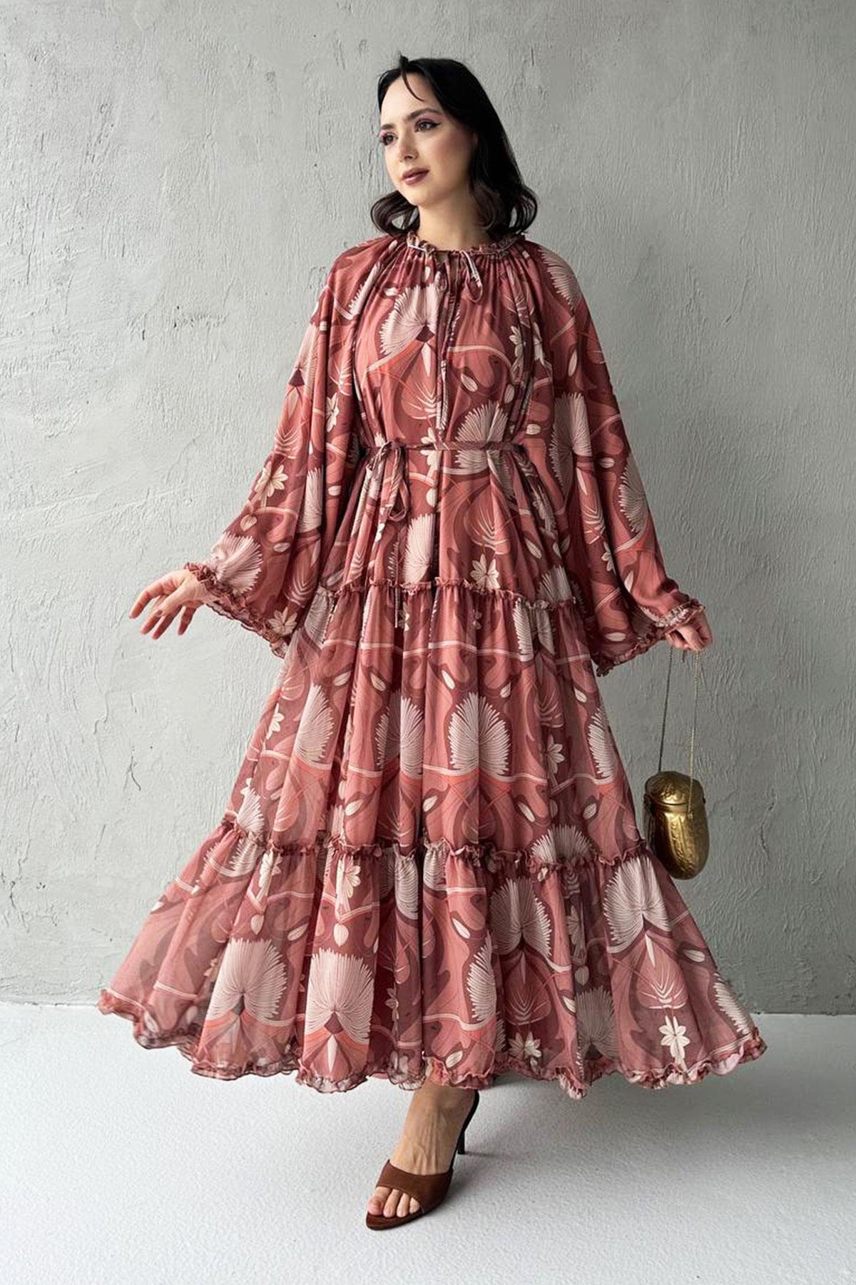 Efsa Çiçek Desenli Şifon Elbise-Bej