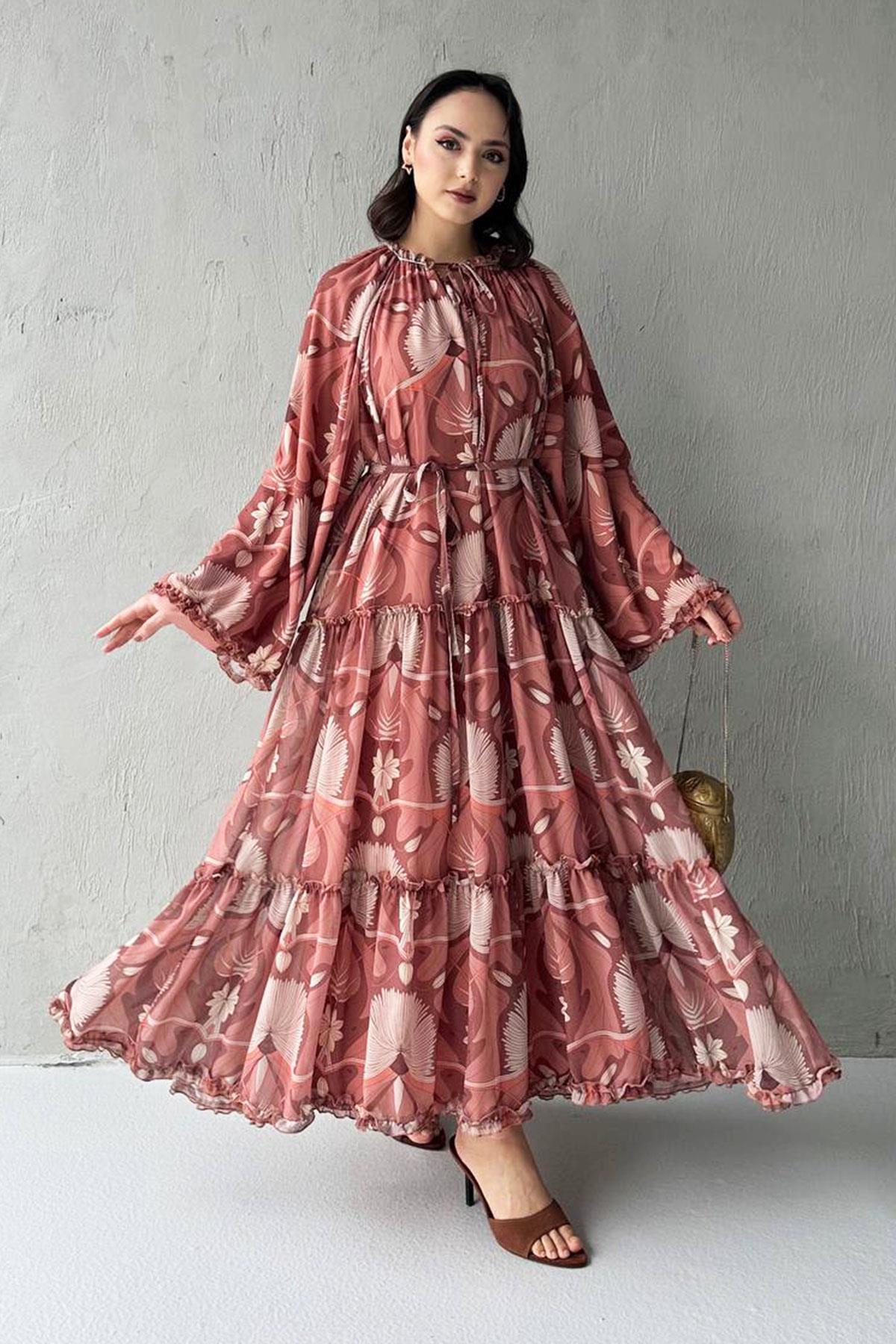 Efsa Çiçek Desenli Şifon Elbise-Bej