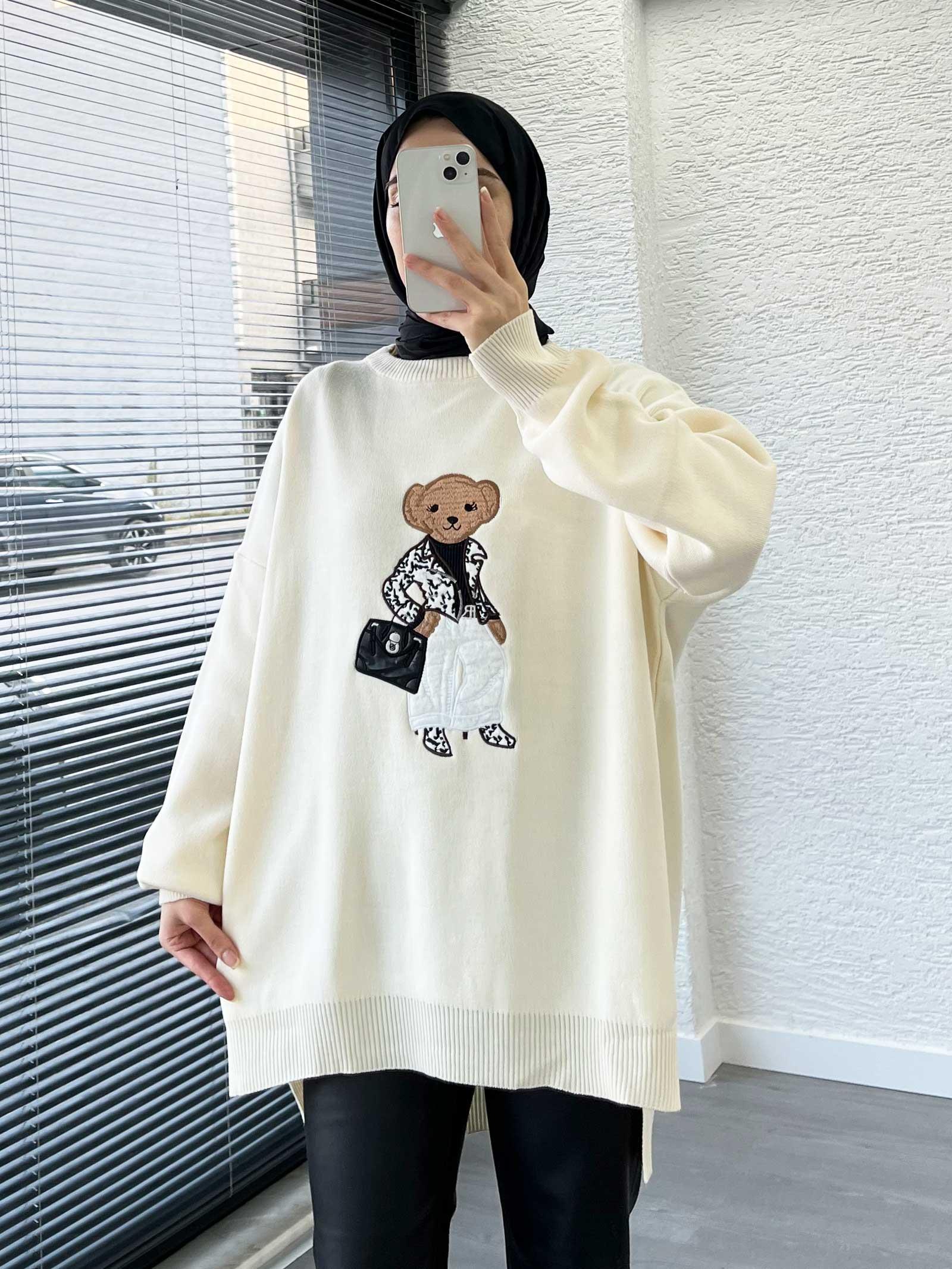 Ekru Teddy Nakışlı Oversize Kadın Kazak 
