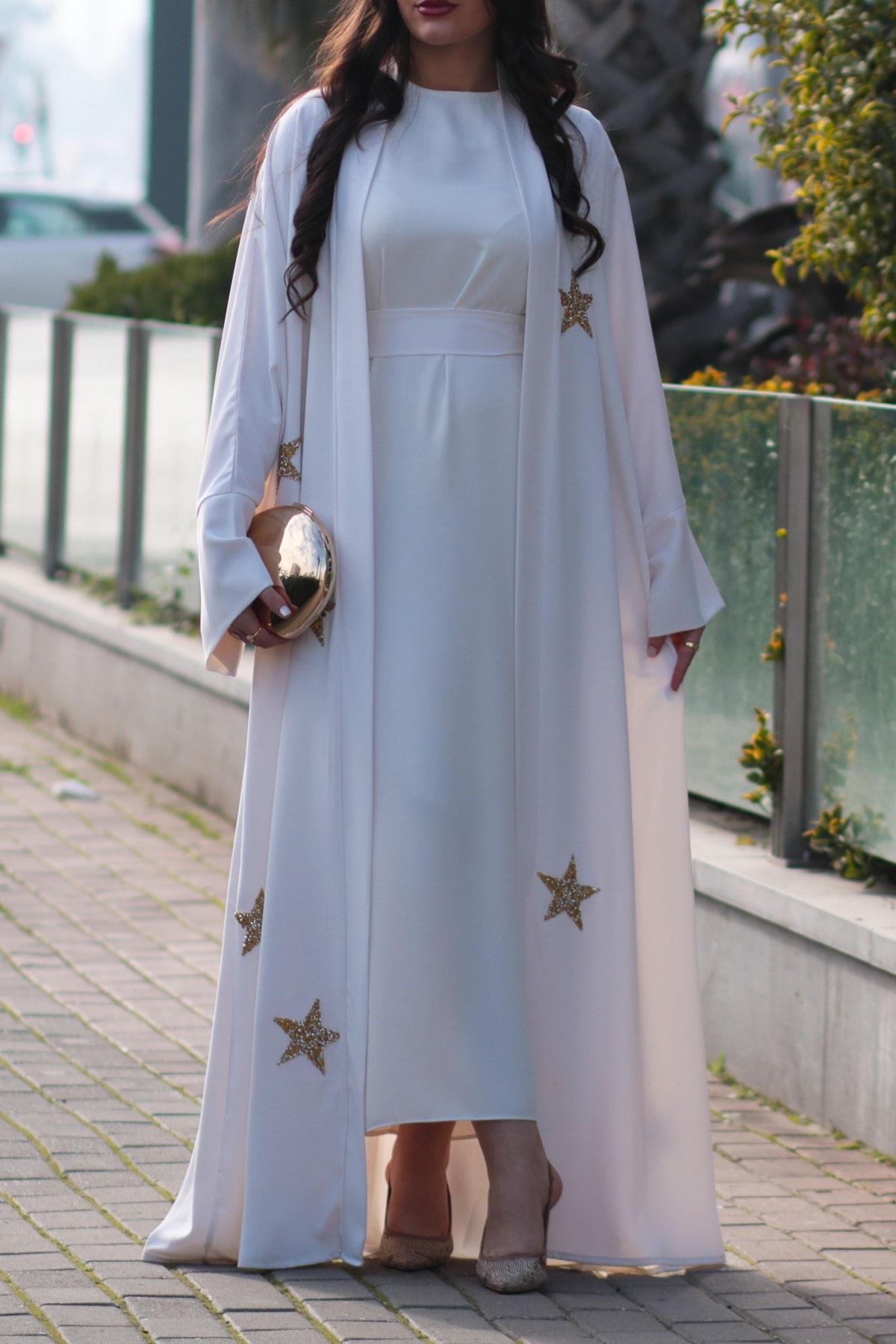 Ekru Yıldız Detaylı Abaya 