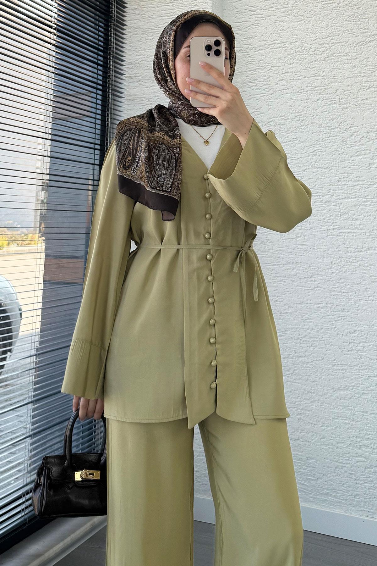 Emma Tensel Düğmeli Pantolon Takım – Küf Yeşili