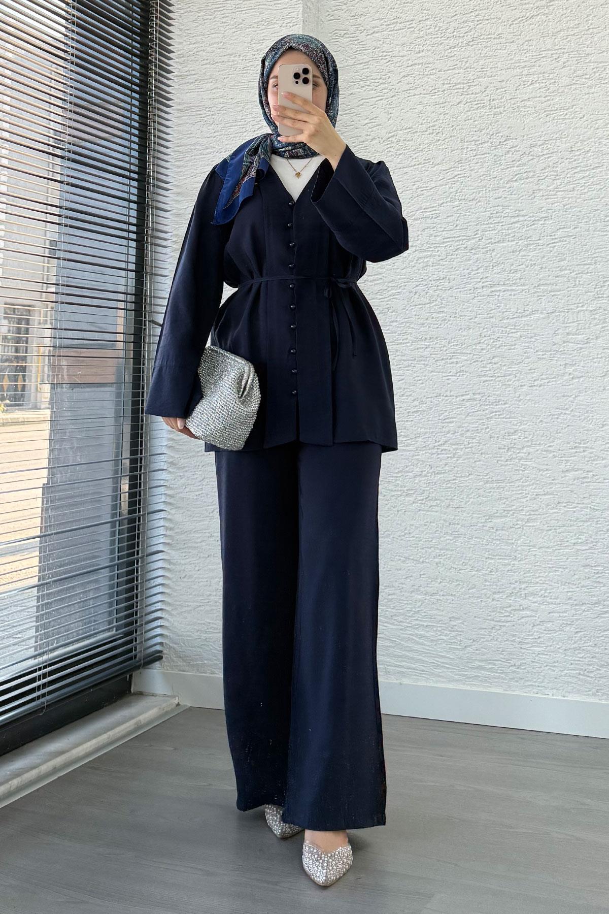 Emma Tensel Düğmeli Pantolon Takım – Lacivert