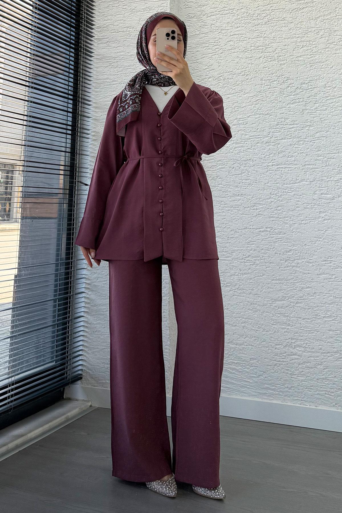 Emma Tensel Düğmeli Pantolon Takım – Mürdüm