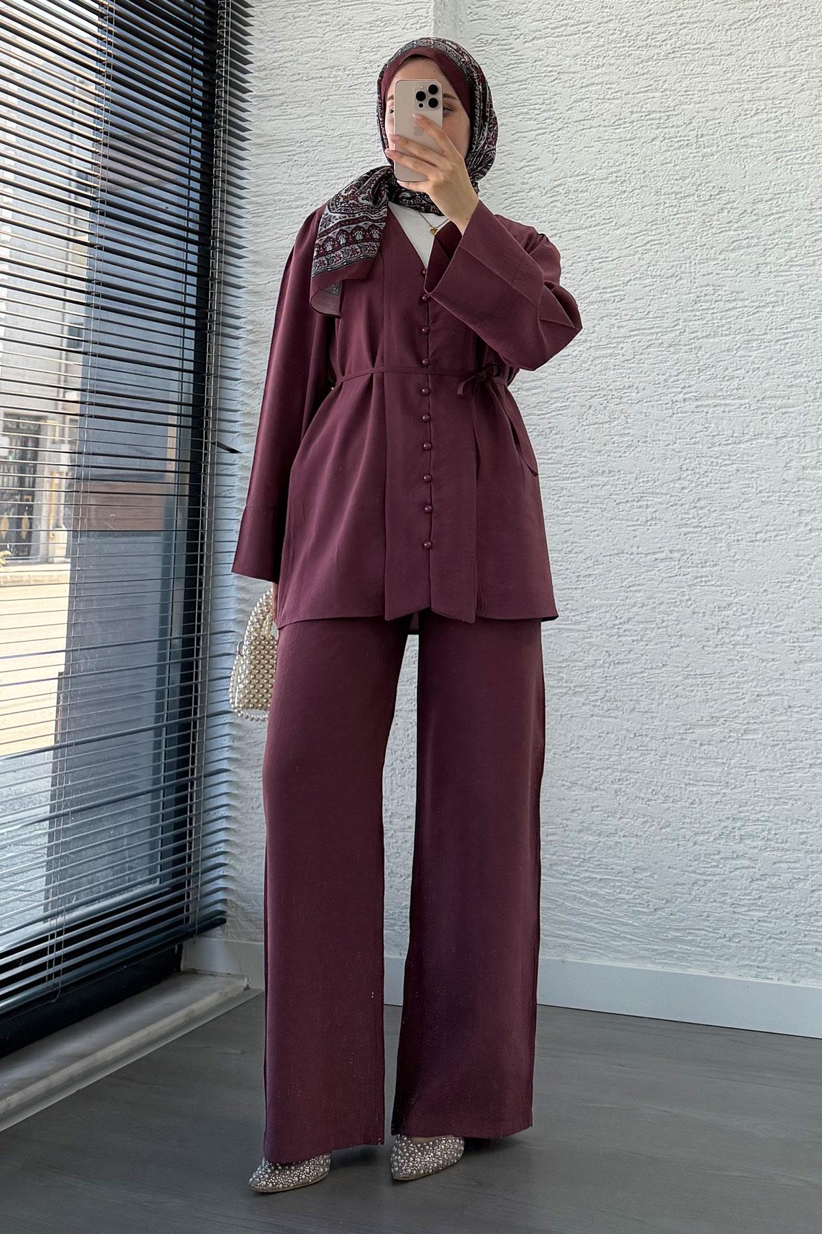 Emma Tensel Düğmeli Pantolon Takım – Mürdüm