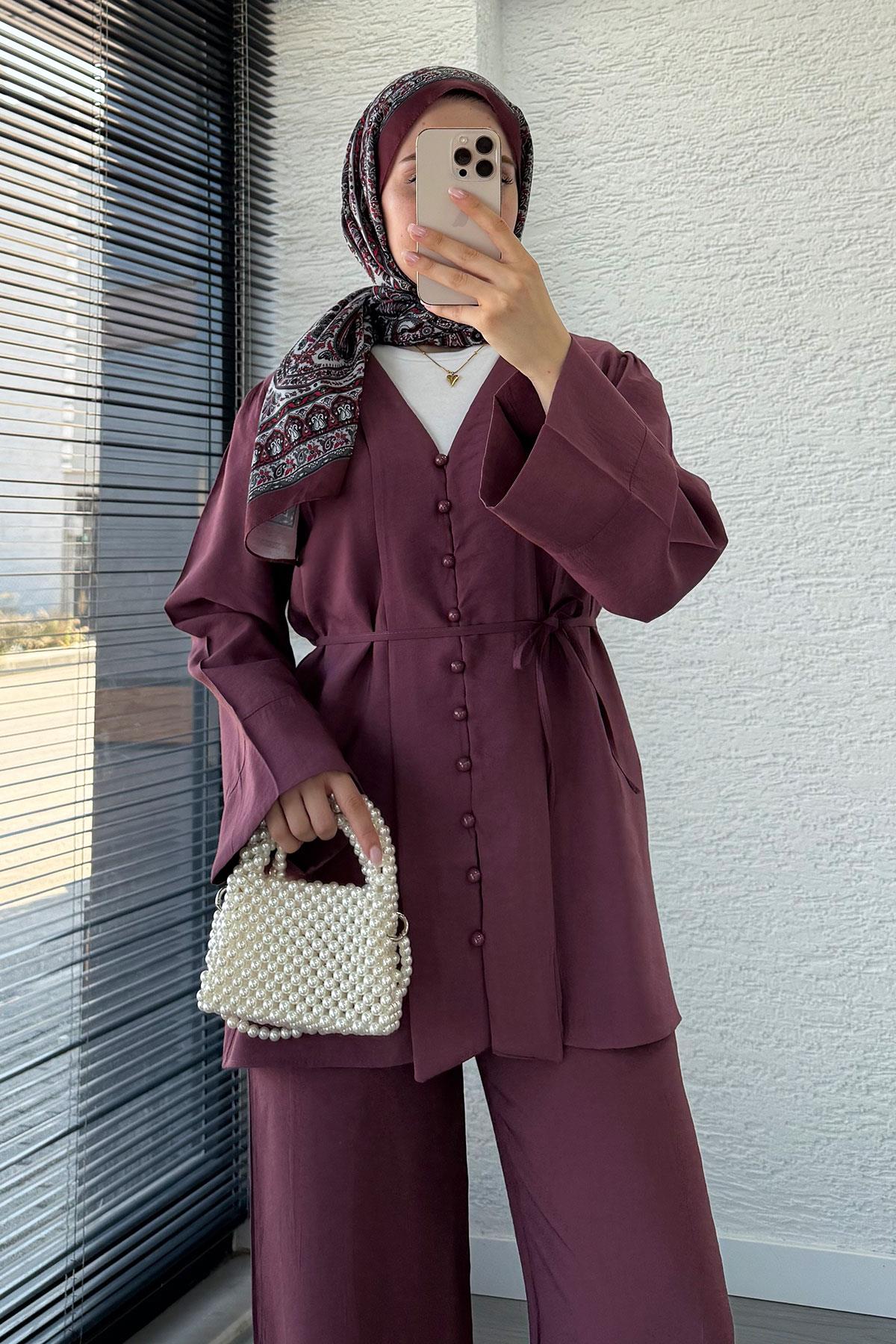 Emma Tensel Düğmeli Pantolon Takım – Mürdüm