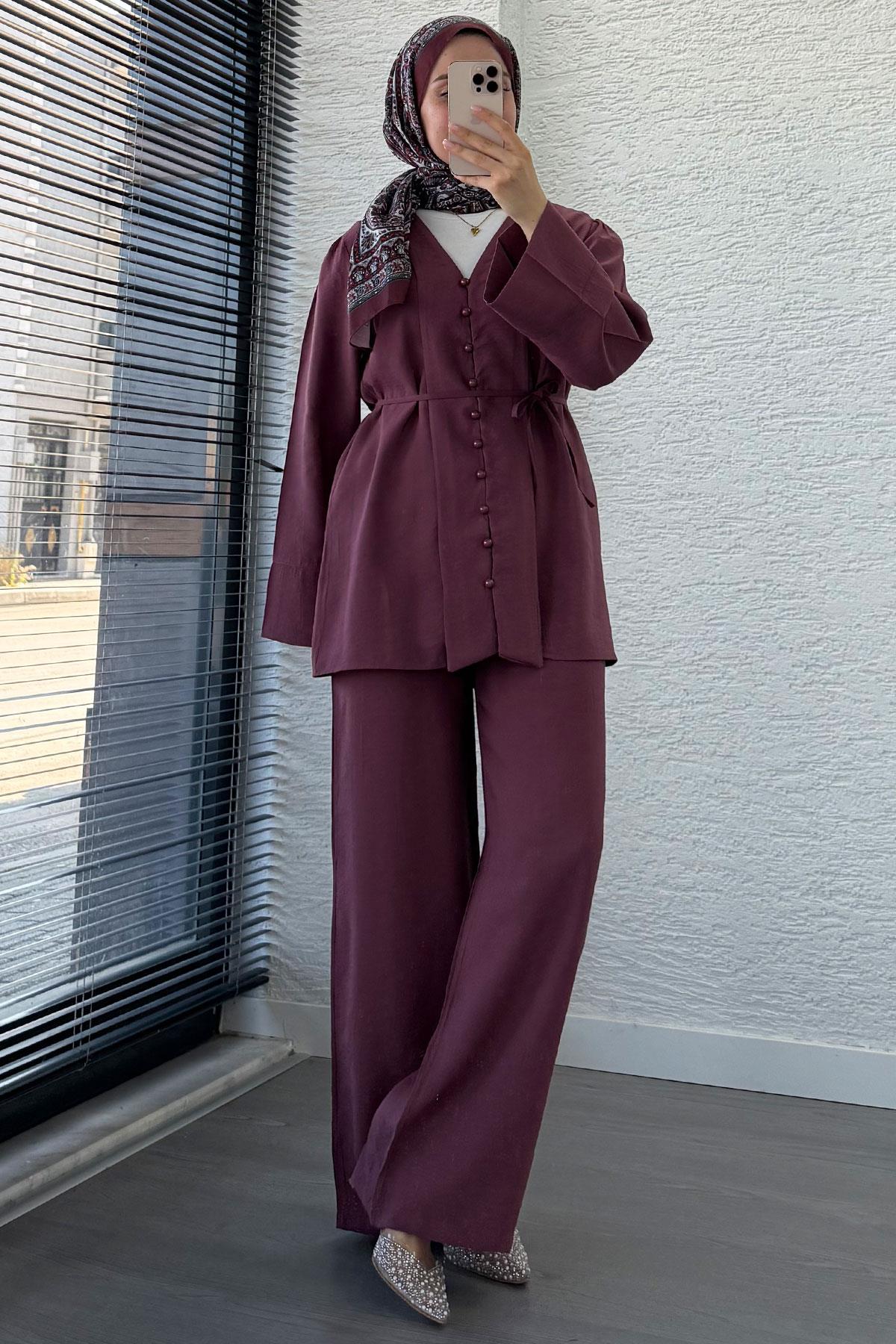 Emma Tensel Düğmeli Pantolon Takım – Mürdüm