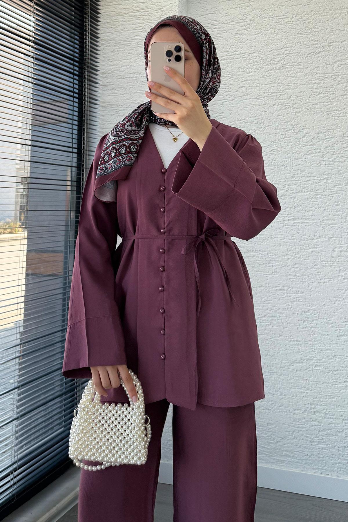 Emma Tensel Düğmeli Pantolon Takım – Mürdüm