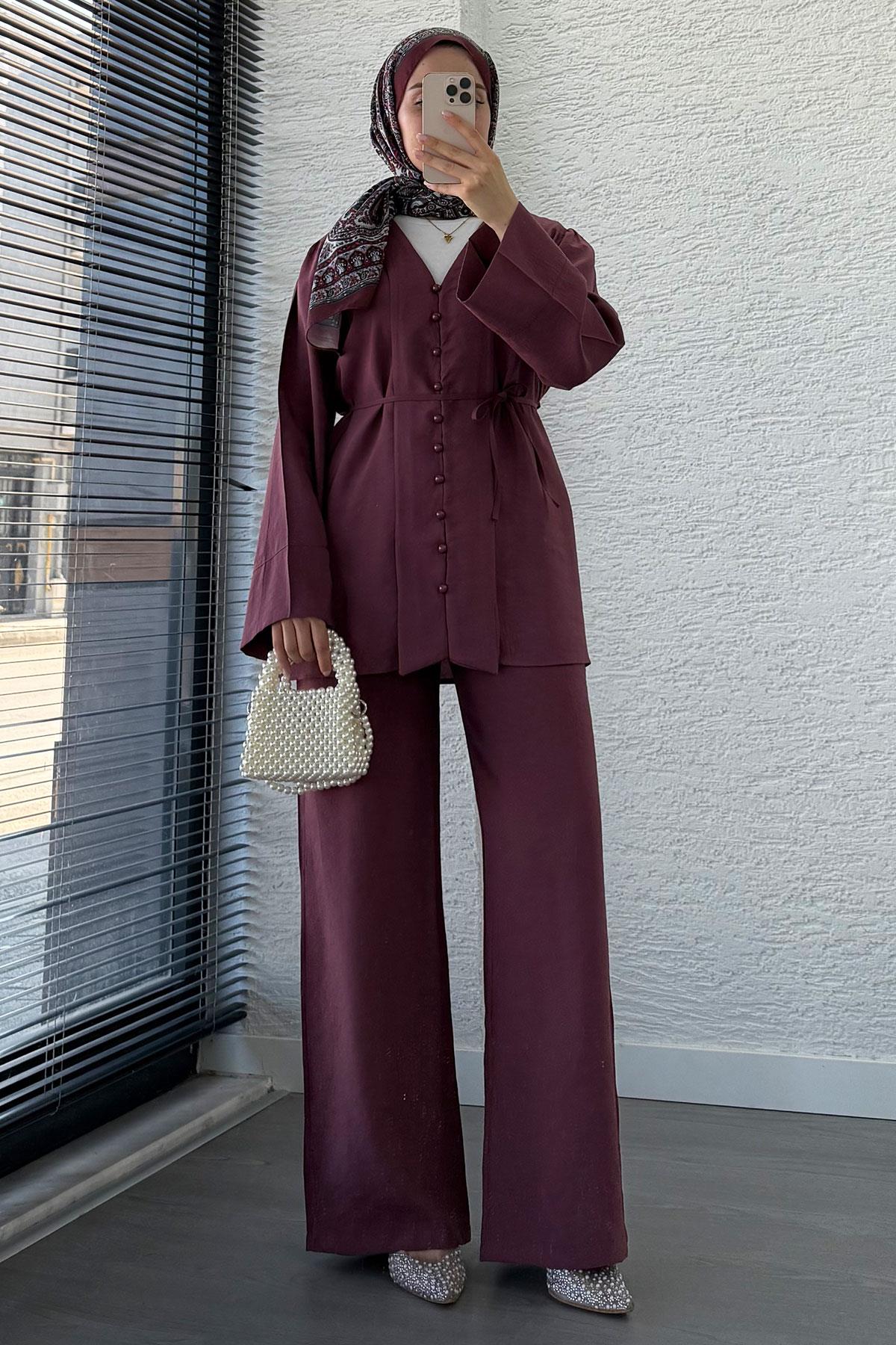 Emma Tensel Düğmeli Pantolon Takım – Mürdüm
